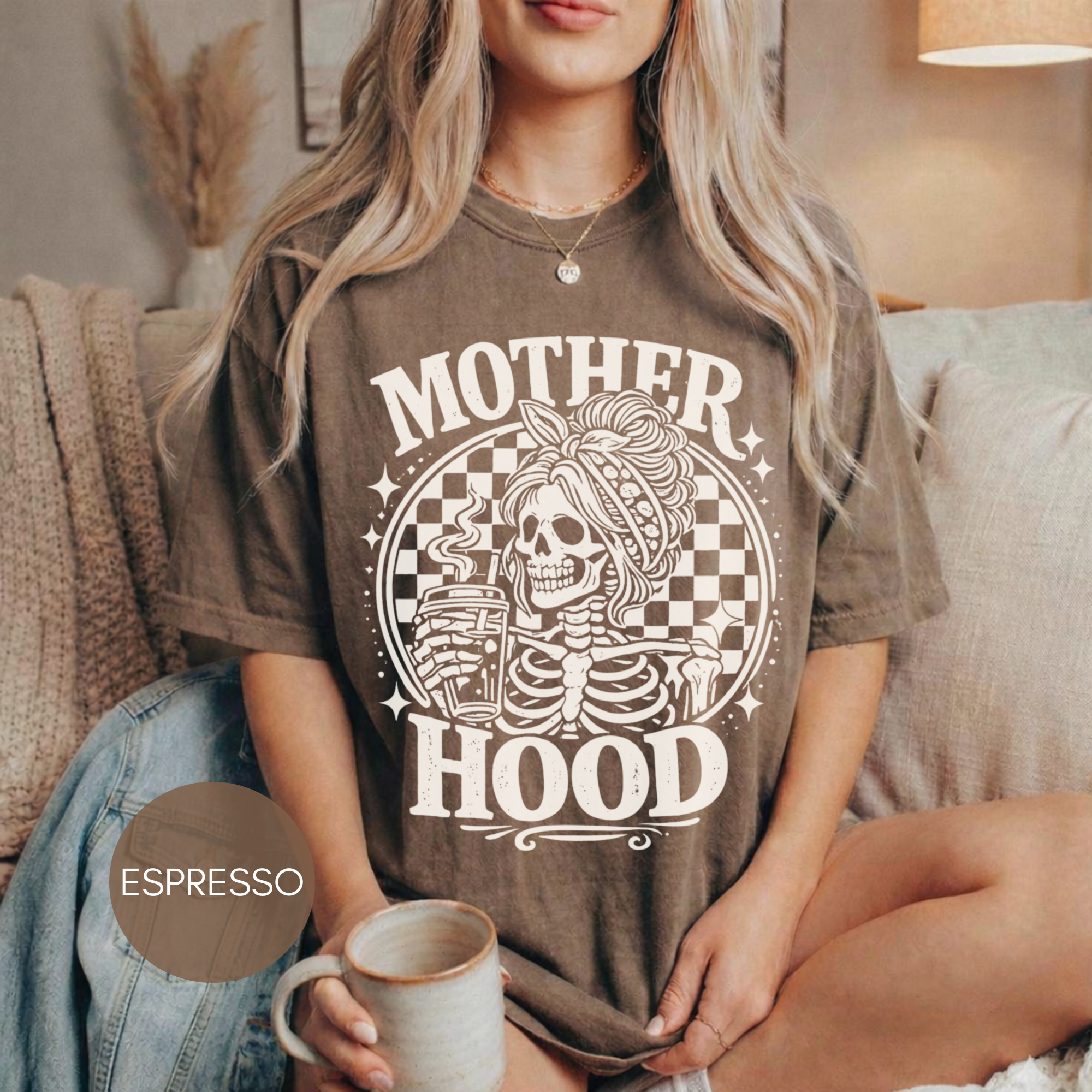 Motherhood Skeleton Coffee Shirt | Mom Life Graphic Tee | Funny Mom Shirt | Trendy Mom Tee | Coffee Lover Mom Gift
