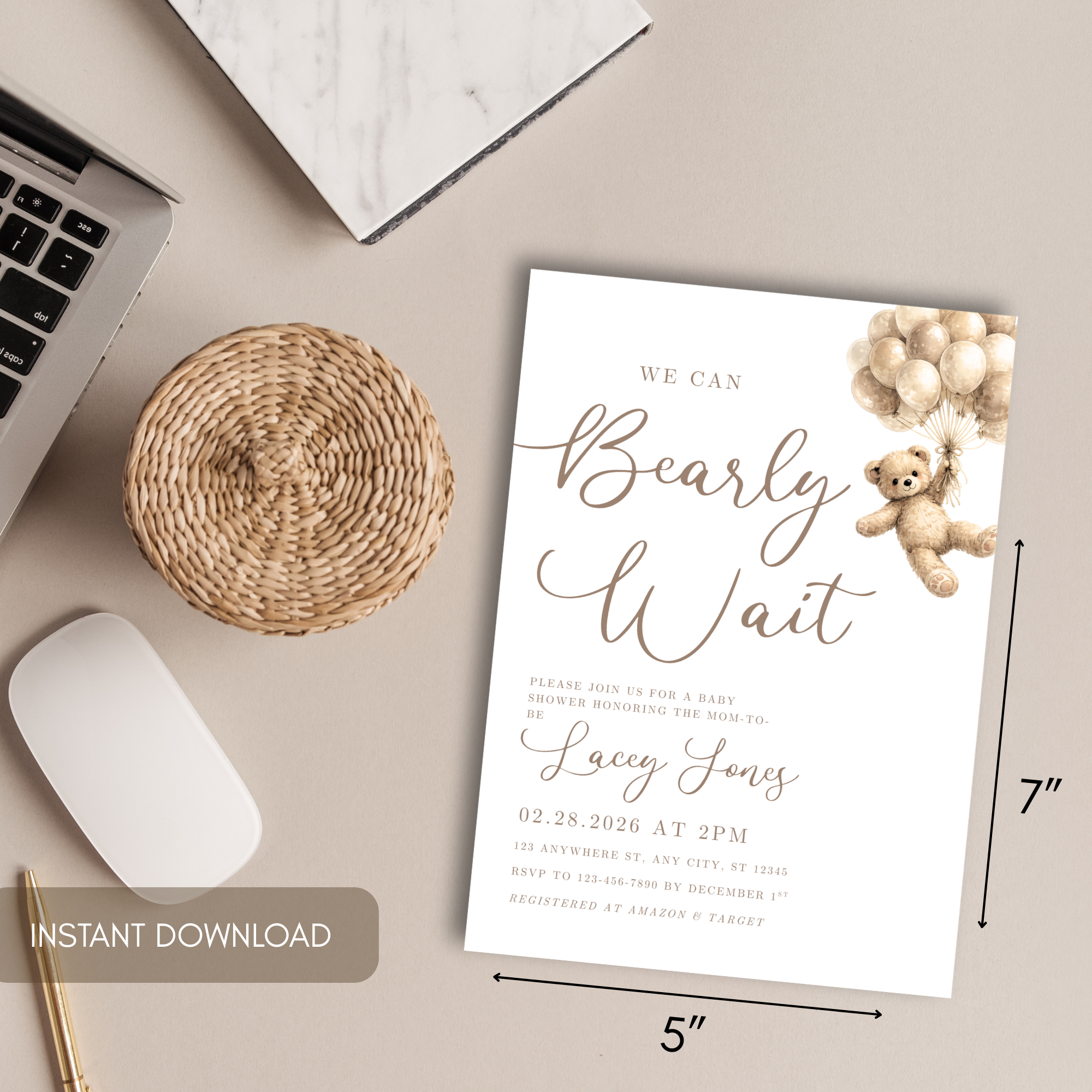 We Can Bearly Wait Baby Shower Invitation Template | Neutral Teddy Bear Baby Shower Invite | Editable Canva Template | Instant Download