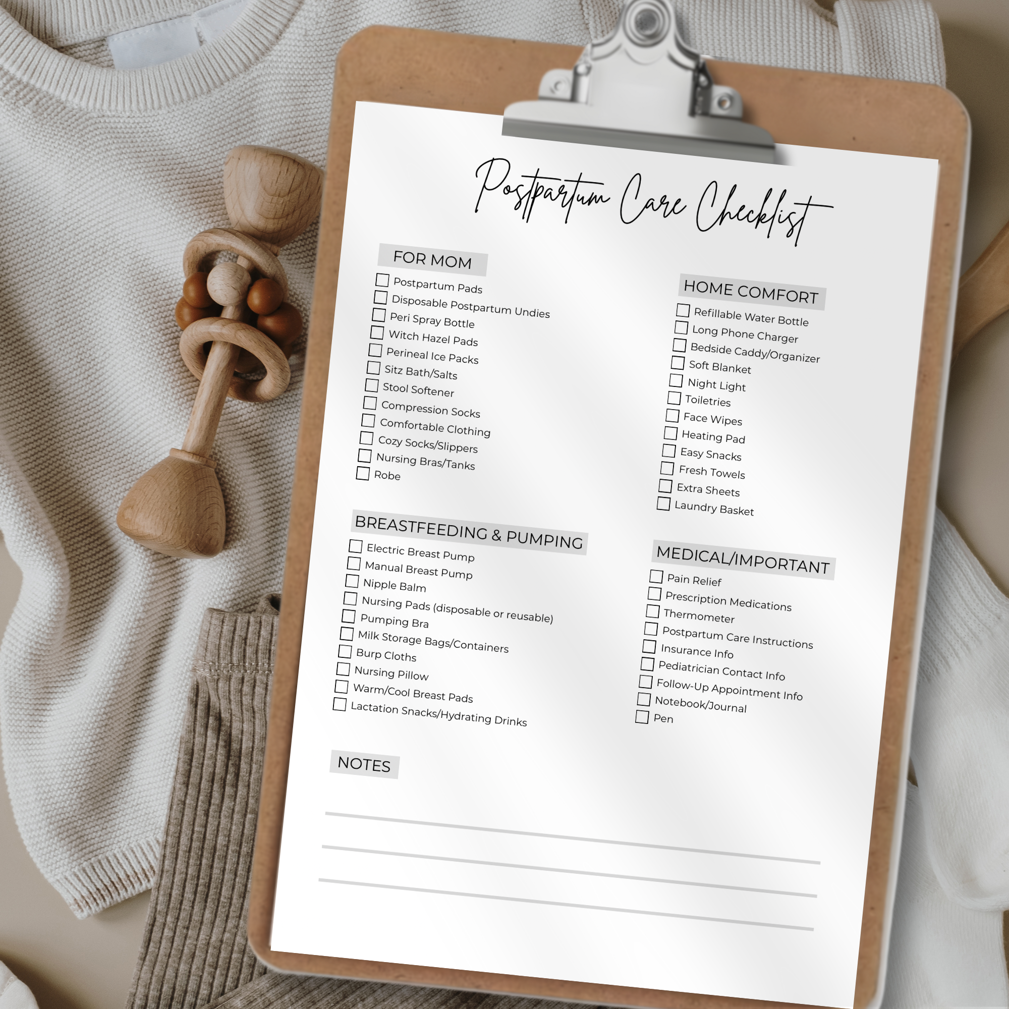 Postpartum Care Checklist Printable | Hospital Bag Checklist for Mom | New Mom Essentials List | Editable Canva Template | Instant Download