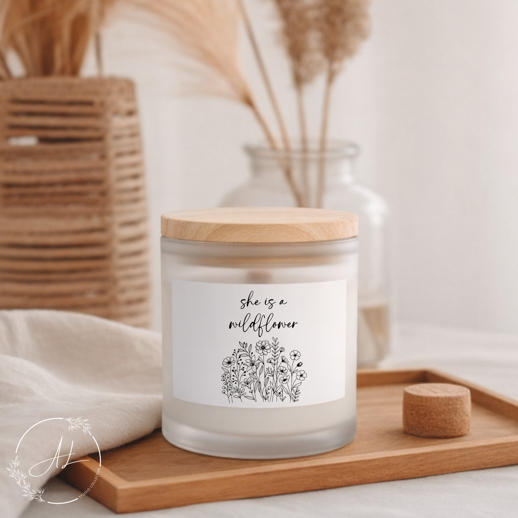 'She Is a Wildflower' Frosted Glass Candle — Wildflower Scent, 11 oz