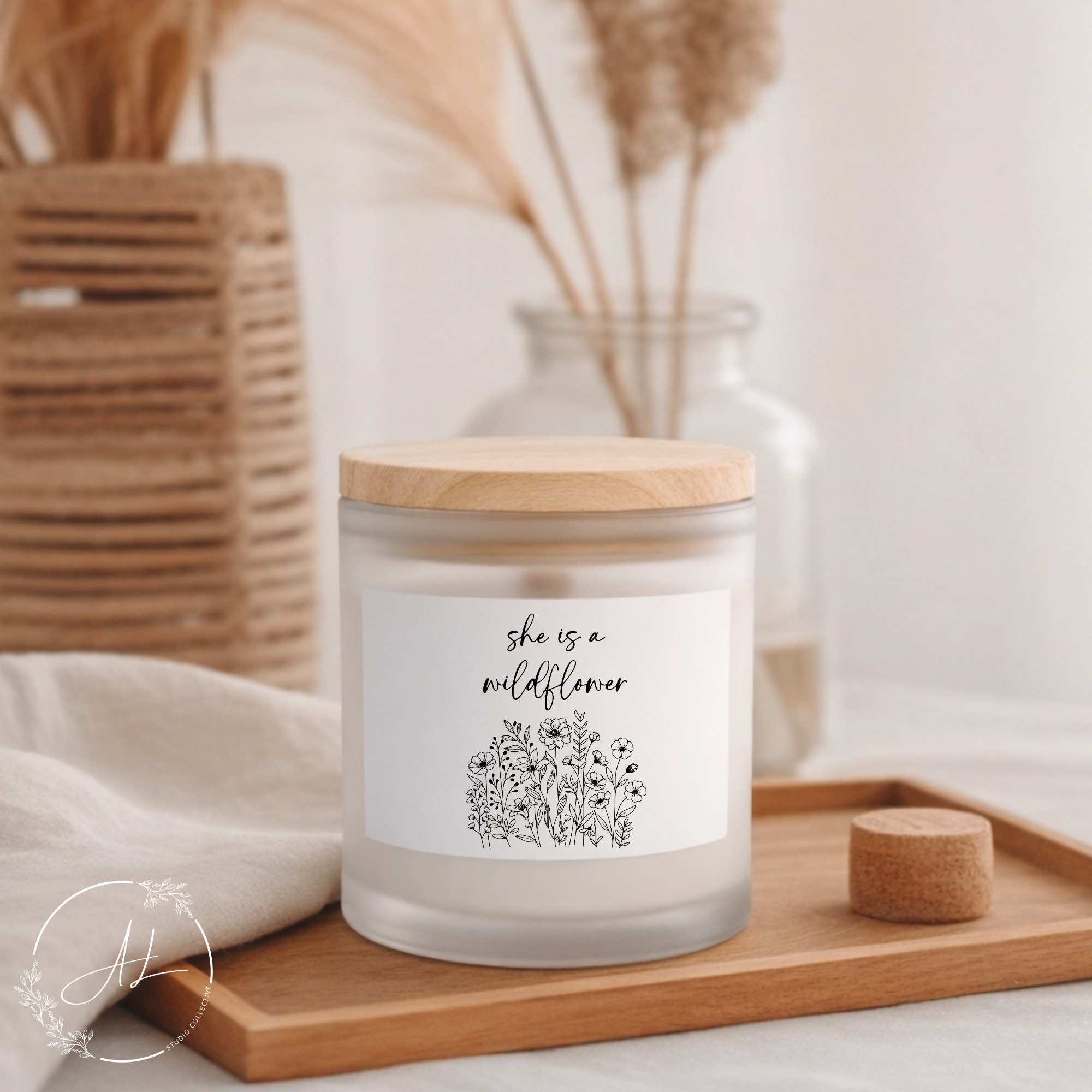 'She Is a Wildflower' Frosted Glass Candle — Wildflower Scent, 11 oz