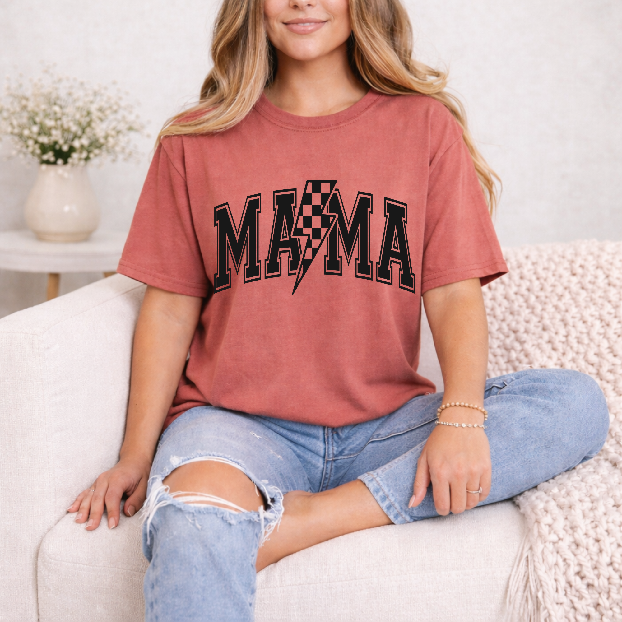 Mama Lightning Bolt Graphic Tee — Checkered Lightning Mama Shirt, Gift for Mom