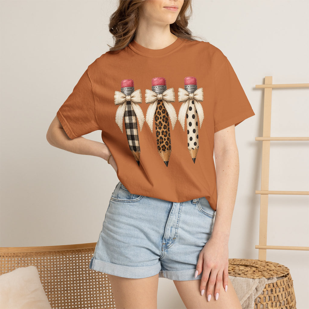 Patterned Pencil Trio T-Shirt — Plaid, Leopard & Polka Dot Back-to-School Tee