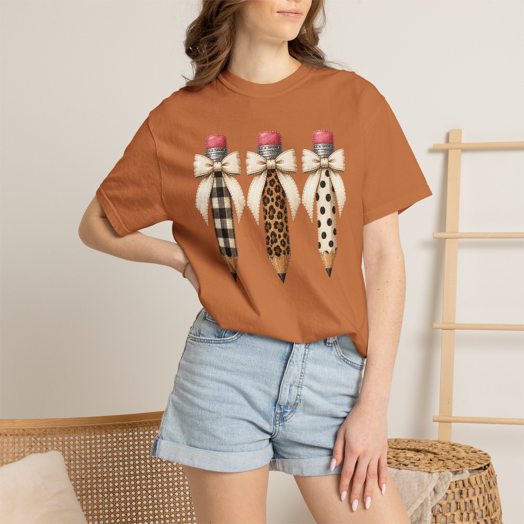 Patterned Pencil Trio T-Shirt — Plaid, Leopard & Polka Dot Back-to-School Tee