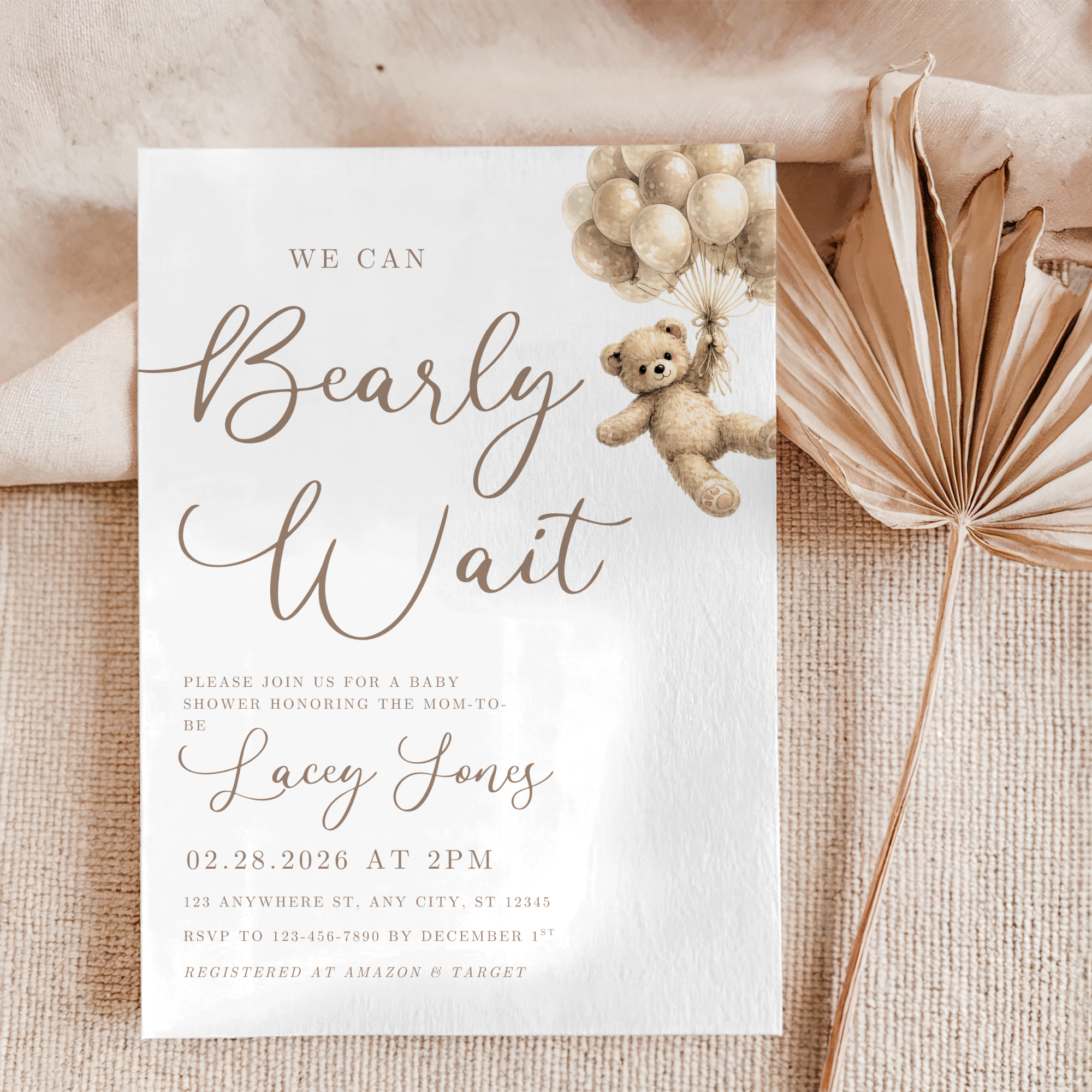 We Can Bearly Wait Baby Shower Invitation Template | Neutral Teddy Bear Baby Shower Invite | Editable Canva Template | Instant Download