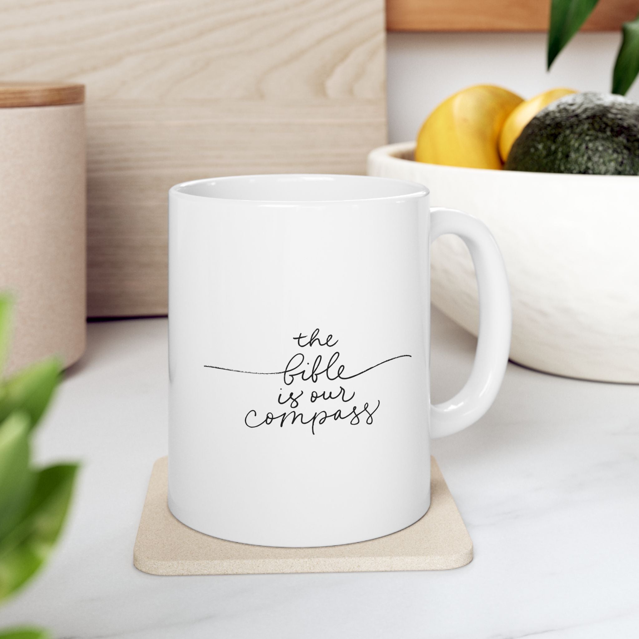 Minimalist Ceramic Mug – “The Bible Is Our Compass” (11oz & 15oz)