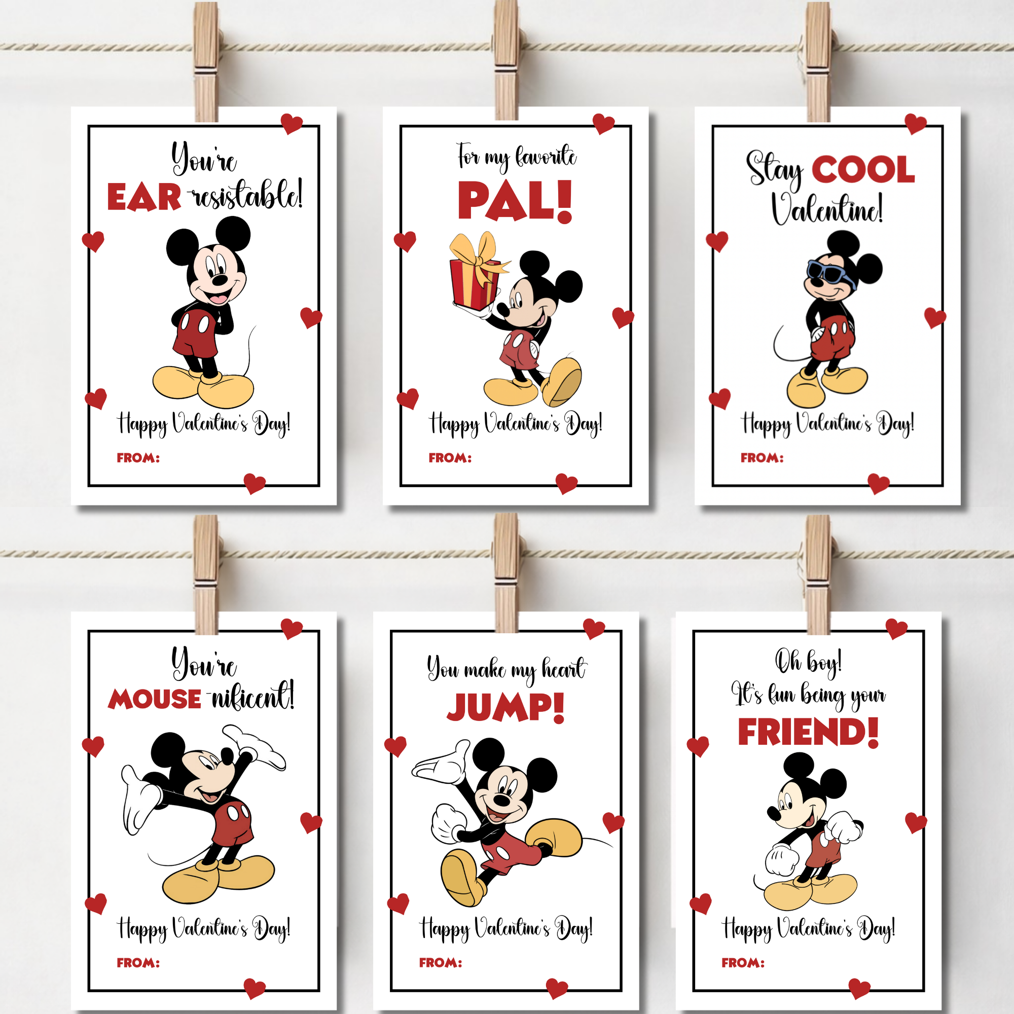 Kids Cartoon Mouse Valentine Cards Printable | Red Classic Cartoon Valentine Cards | Classroom Square Valentines | Instant Download