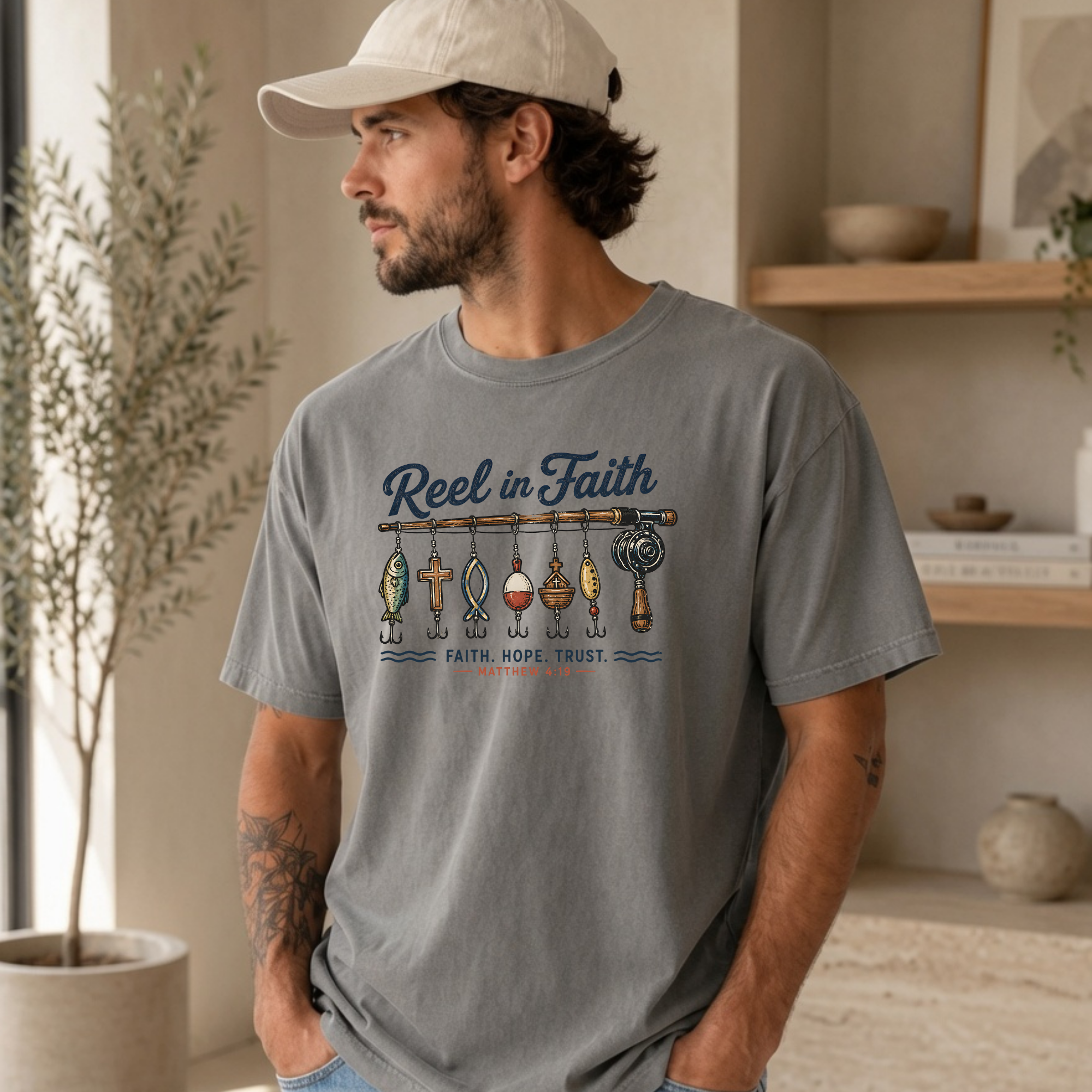 Reel in Faith T-Shirt — Fishing Christian Graphic Tee (Faith, Hope, Trust - Matthew 17:20)