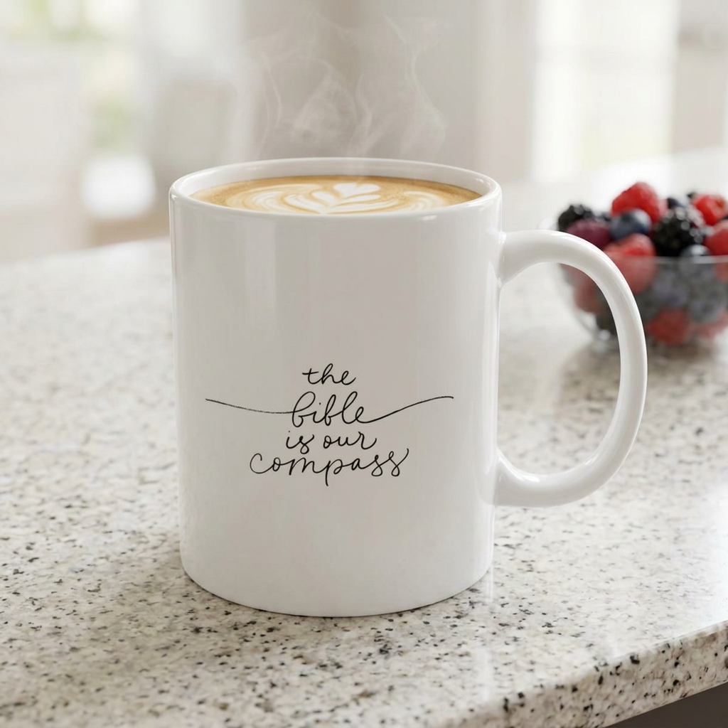 Minimalist Ceramic Mug – “The Bible Is Our Compass” (11oz & 15oz)