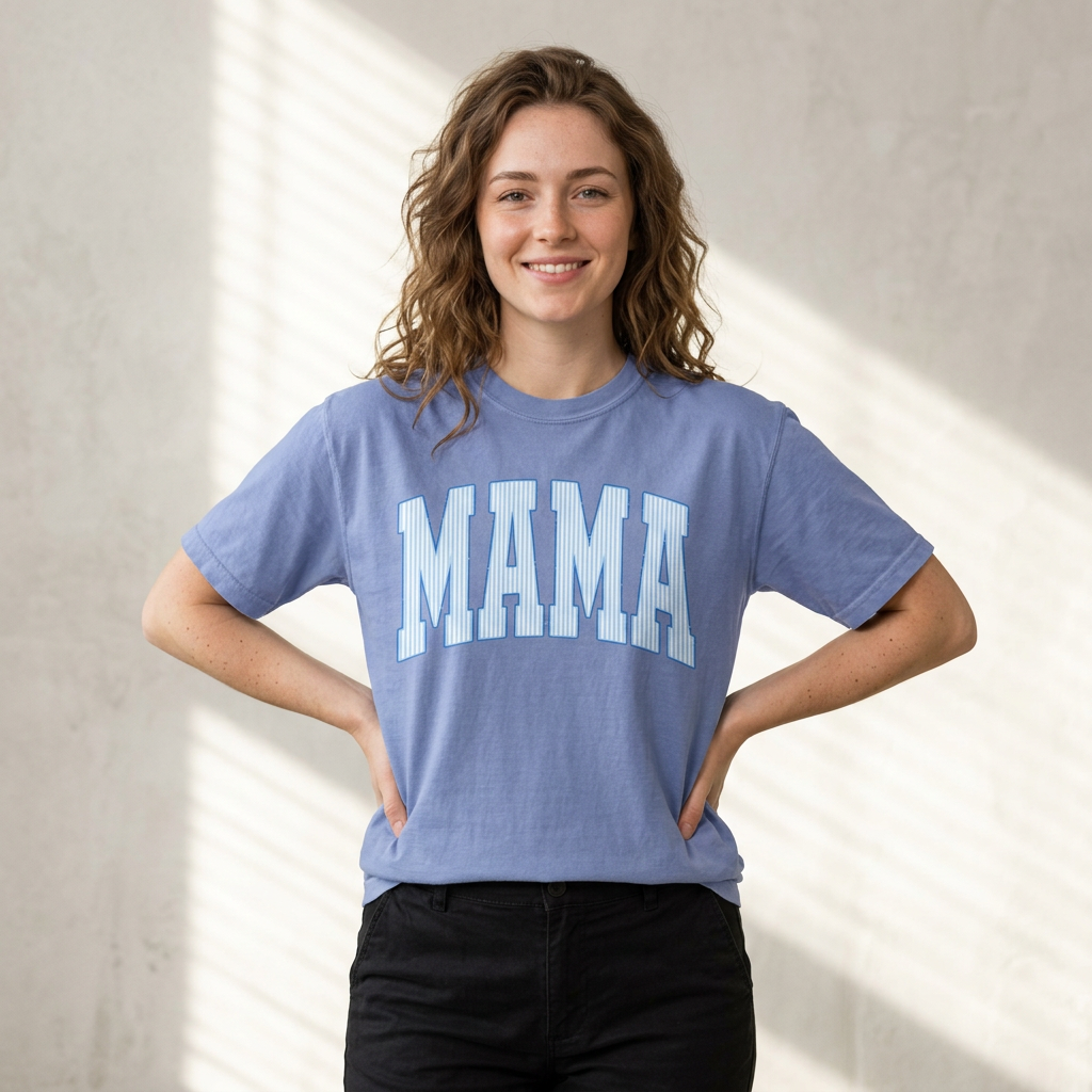 Mama Seersucker Graphic T-Shirt, Blue Mama Shirt, Retro Varsity Mama Tee, Motherhood Shirt, Comfort Colors Tee