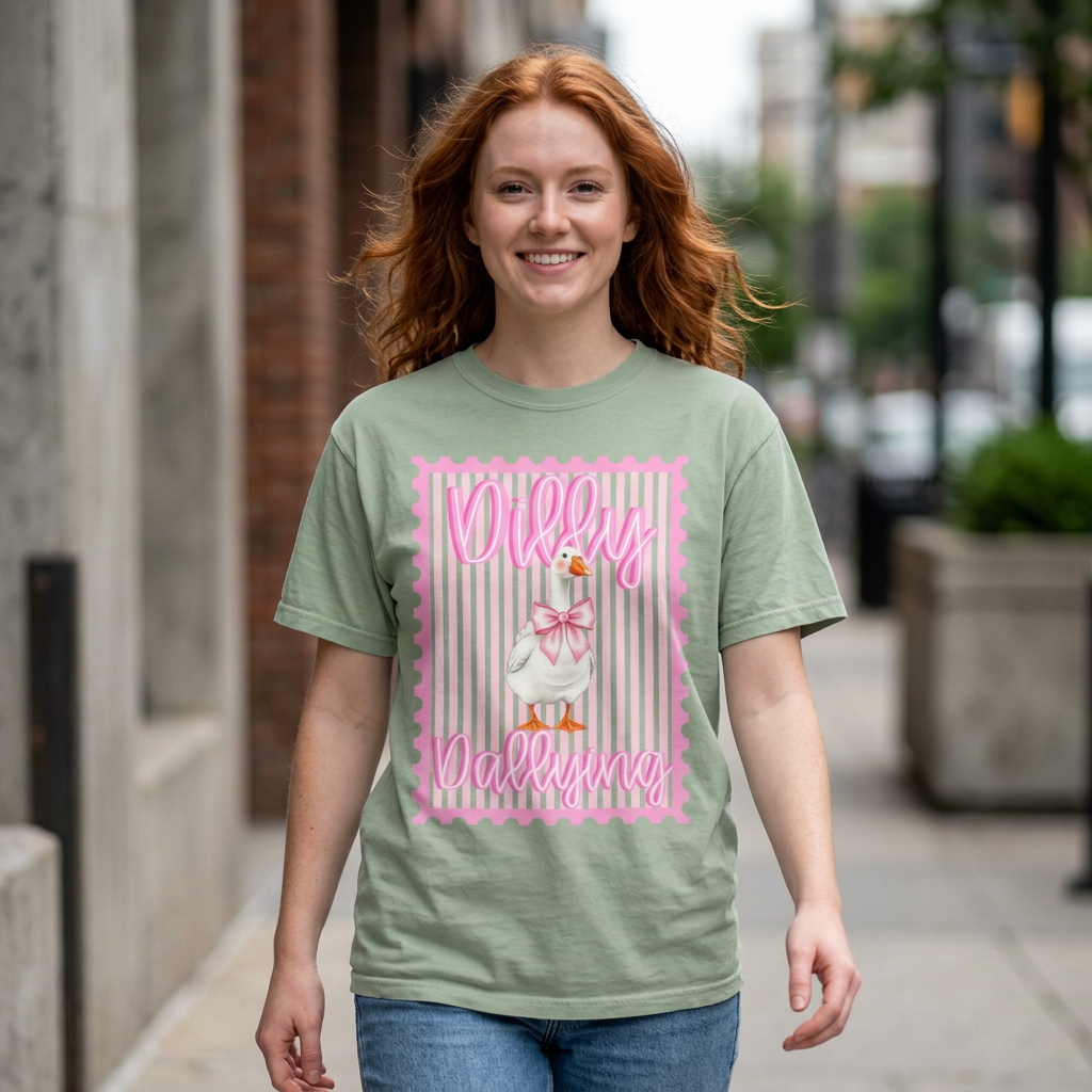 Dilly Dallying Goose Shirt | Pink Bow Goose Tee | Coquette Goose Shirt | Cute Girls Graphic Tee