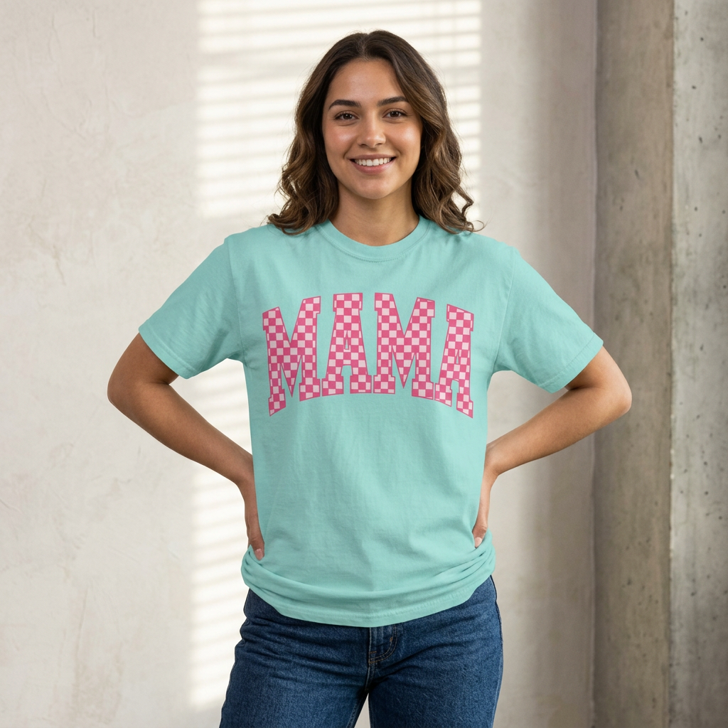 Mama Checkerboard T-Shirt — Pink Retro Graphic Tee for Moms