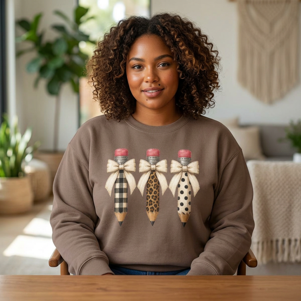 Patterned Pencil Trio Crewneck Sweatshirt - Buffalo Plaid, Leopard & Polka Dot Back-to-School Gift.