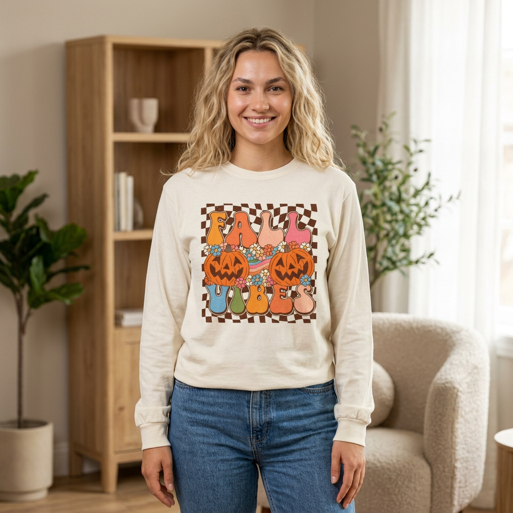 Fall Vibes Long Sleeve Tee — Pumpkin Patch Retro Graphic