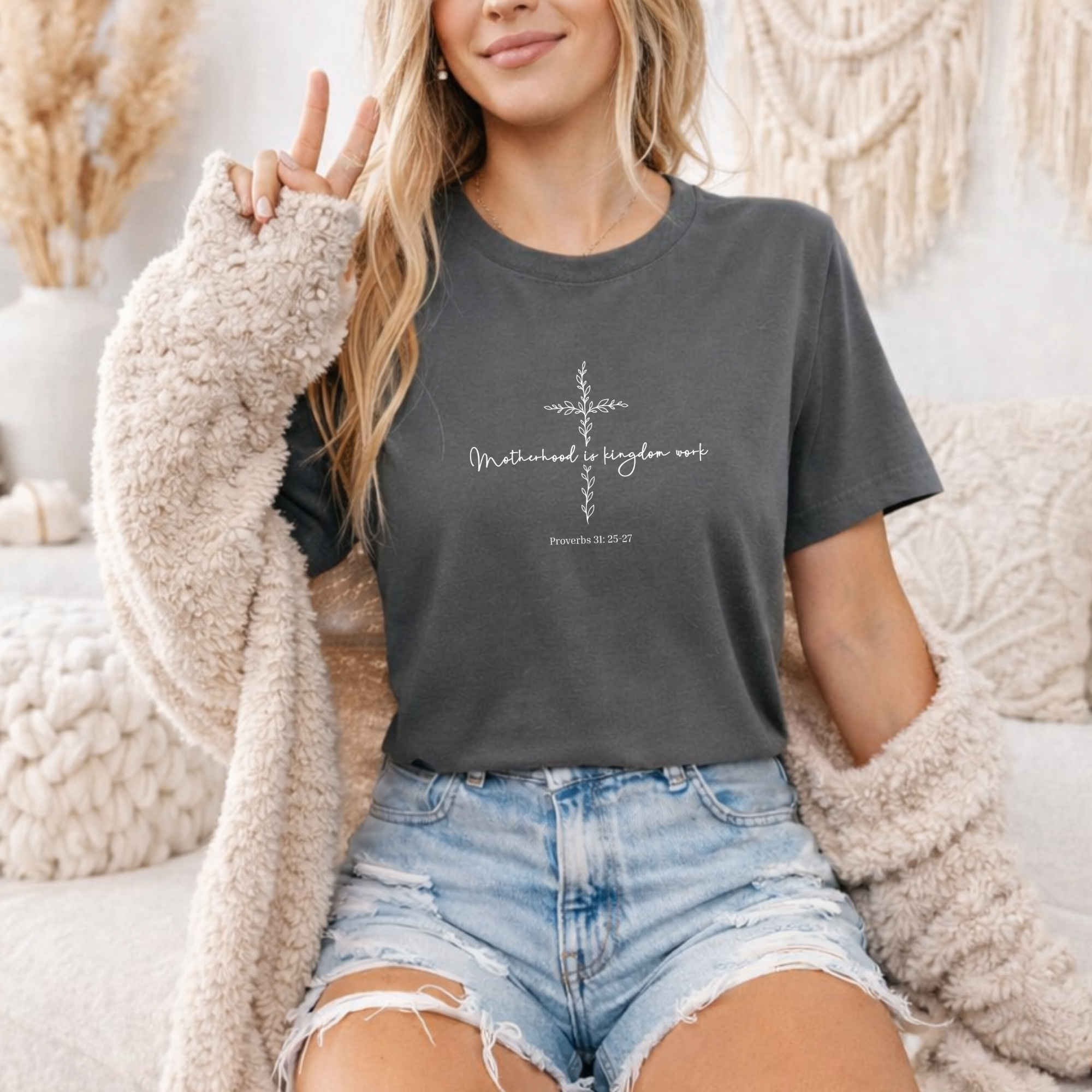 Motherhood Is Kingdom Work T-Shirt — Minimalist Cross Tee