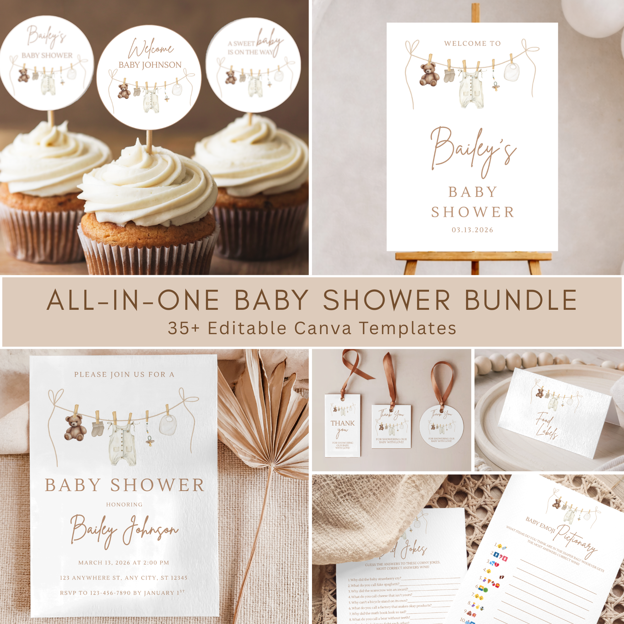 Neutral Clothesline Baby Shower Bundle Template | Editable Canva Baby Shower Decorations | Boho Neutral Baby Shower All In One Template Set