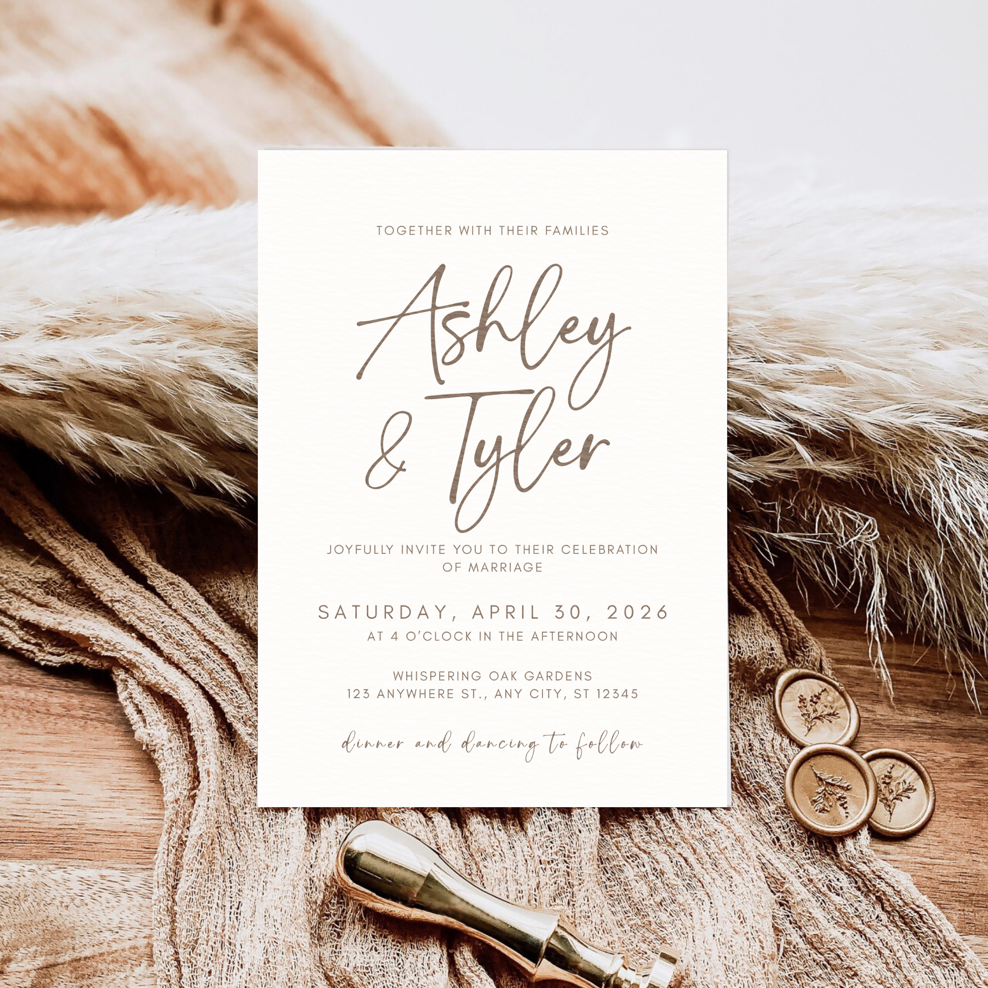 Neutral Boho Wedding Invitation Suite Template | Editable Canva Wedding Invite Set | Taupe Minimalist Wedding Details & RSVP Card