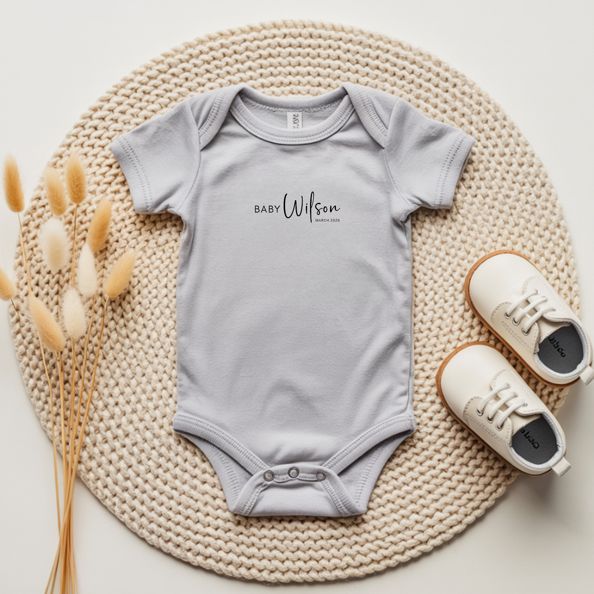 Personalized Baby Announcement Onesie | Custom Name & Date Rabbit Skins 4424 Infant Bodysuit | Pregnancy Reveal Outfit | New Baby Announcement