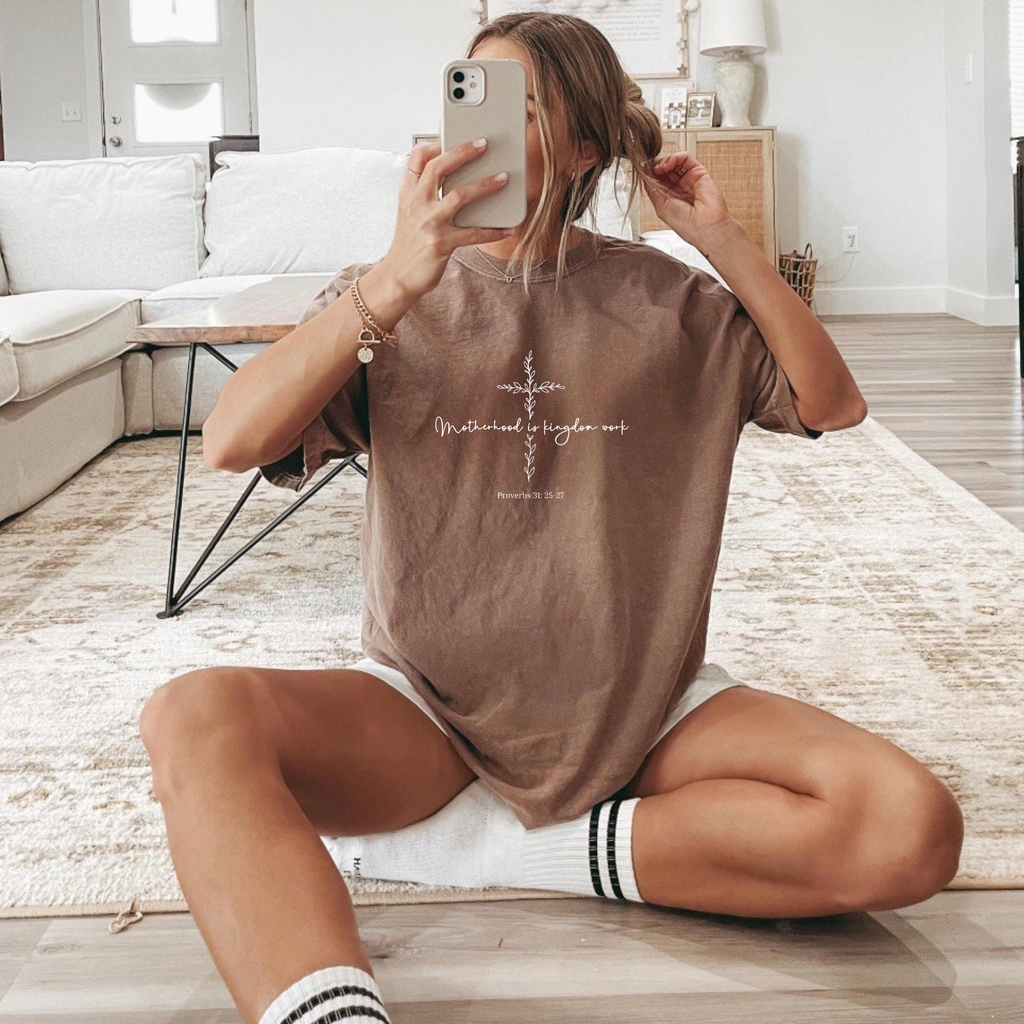 Motherhood Is Kingdom Work T-Shirt — Minimalist Cross Tee