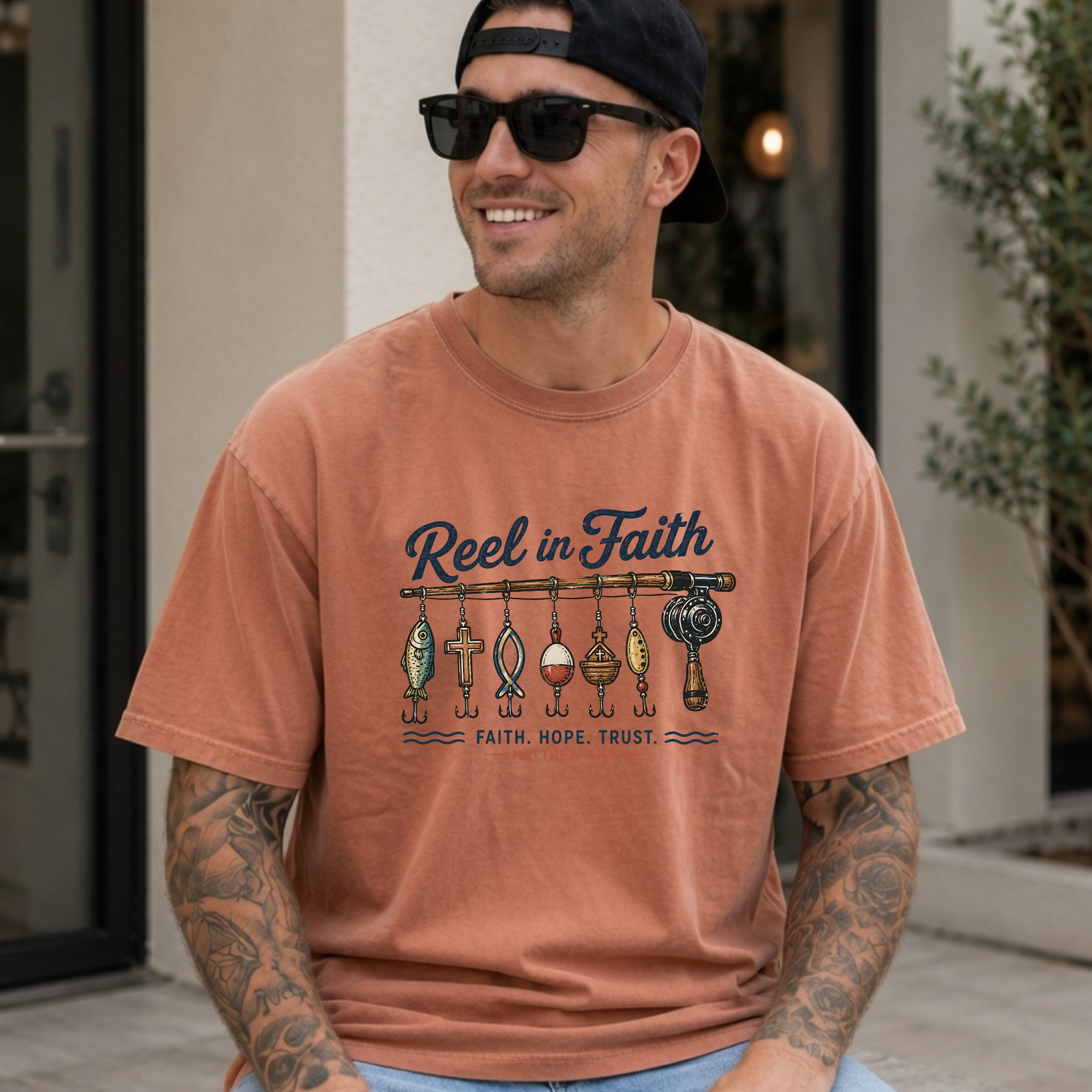 Reel in Faith T-Shirt — Fishing Christian Graphic Tee (Faith, Hope, Trust - Matthew 17:20)