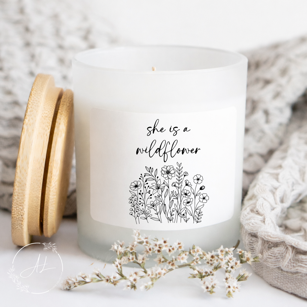 'She Is a Wildflower' Frosted Glass Candle — Wildflower Scent, 11 oz