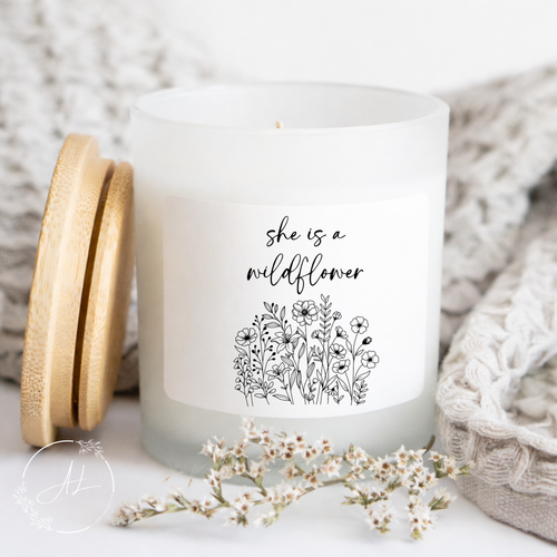 'She Is a Wildflower' Frosted Glass Candle — Wildflower Scent, 11 oz