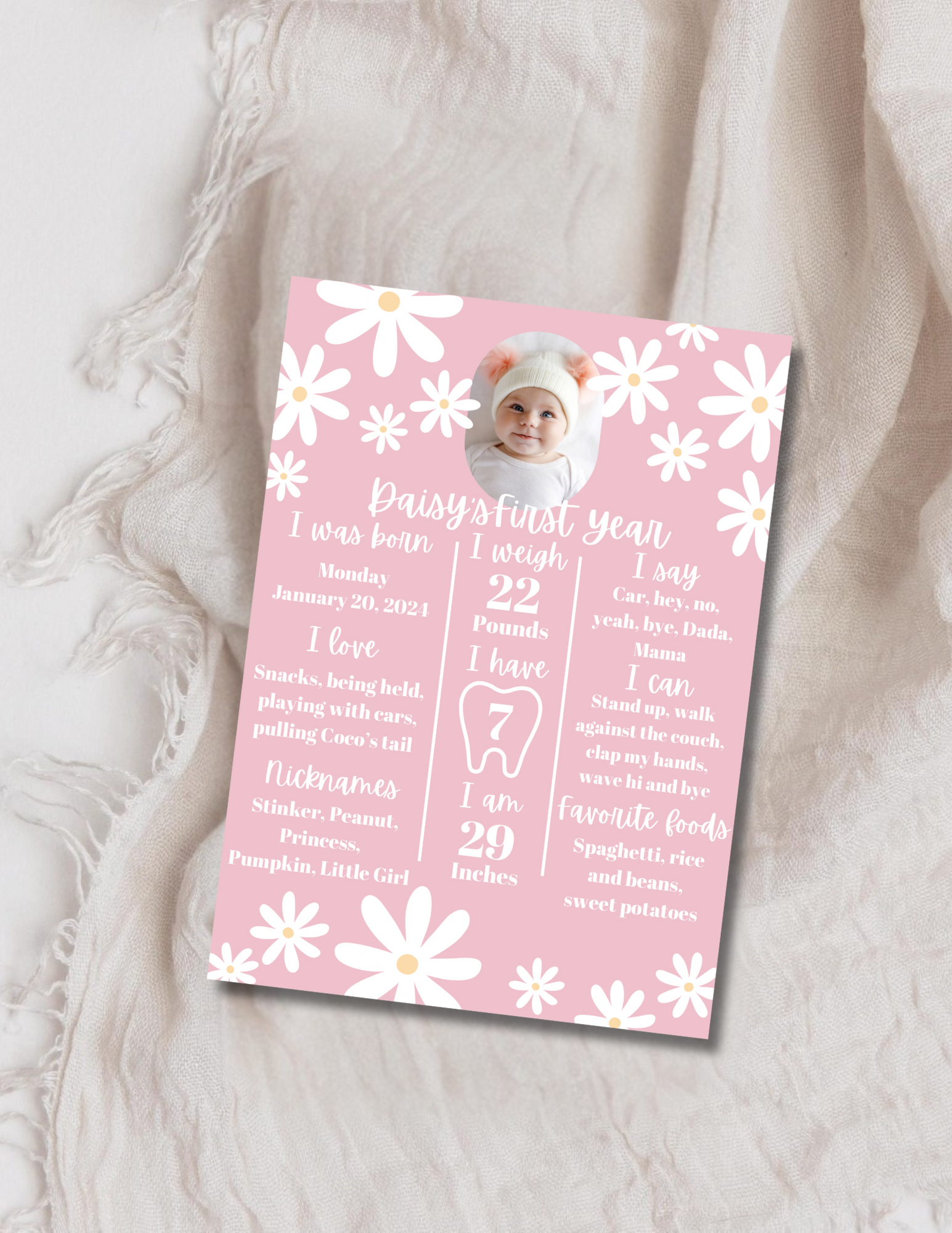 Daisy First Birthday Invitation Template Girl | Pink Daisy 1st Birthday Invite | Editable First Year Milestone Template | Girl Birthday Bundle