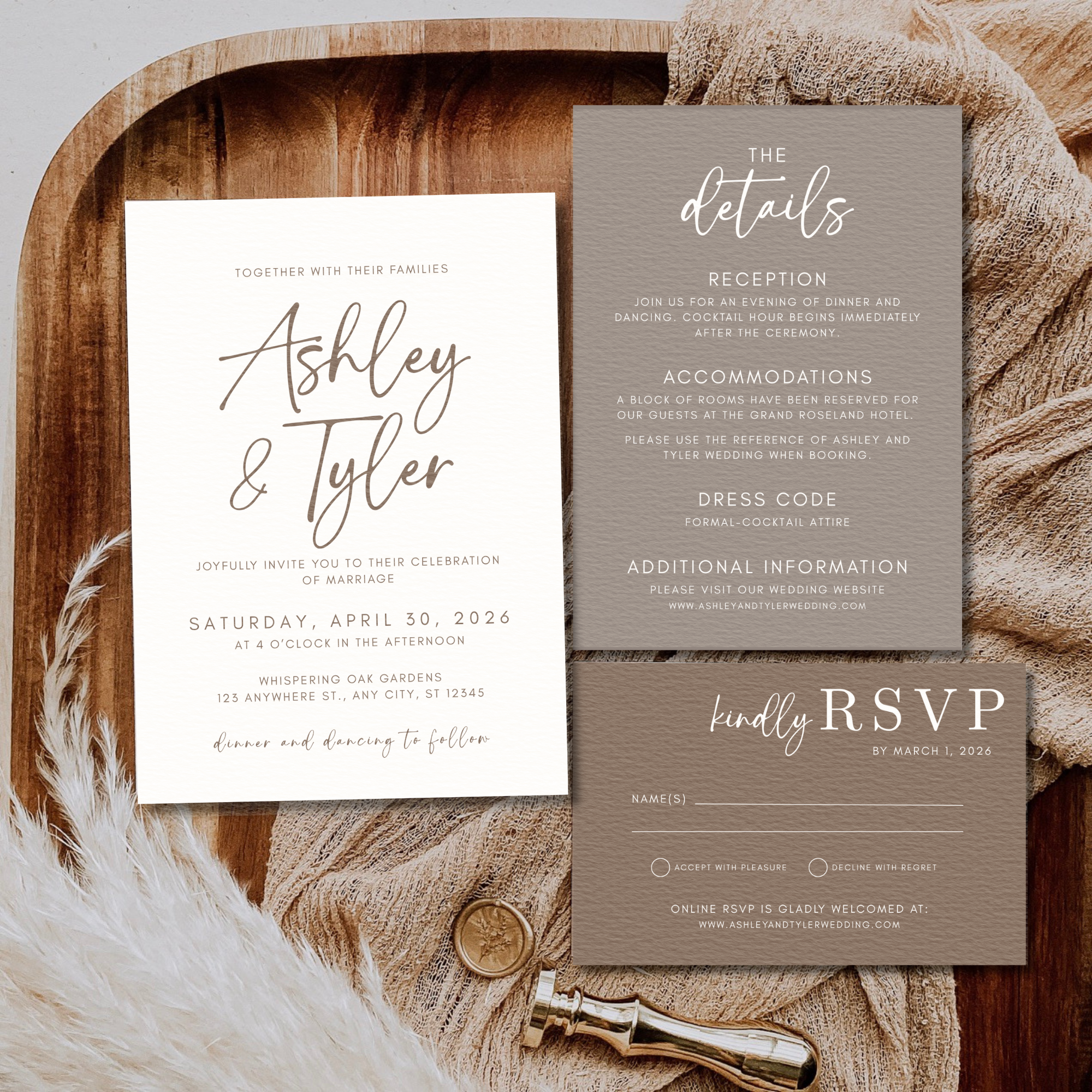 Neutral Boho Wedding Invitation Suite Template | Editable Canva Wedding Invite Set | Taupe Minimalist Wedding Details & RSVP Card