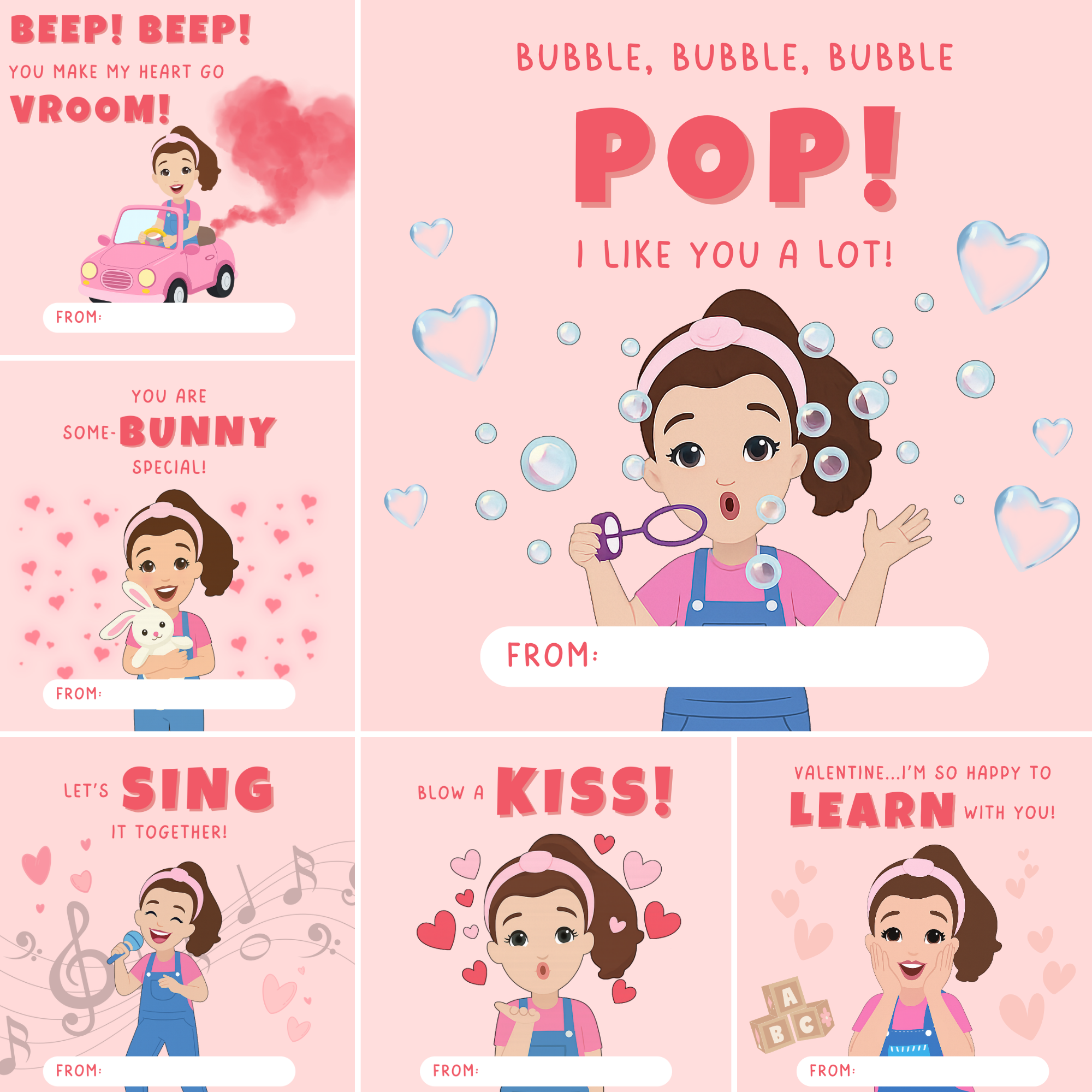 Kids Printable Valentine Cards | Singing Girl Classroom Valentines | Square Kids Valentines | Instant Download School Valentine Set
