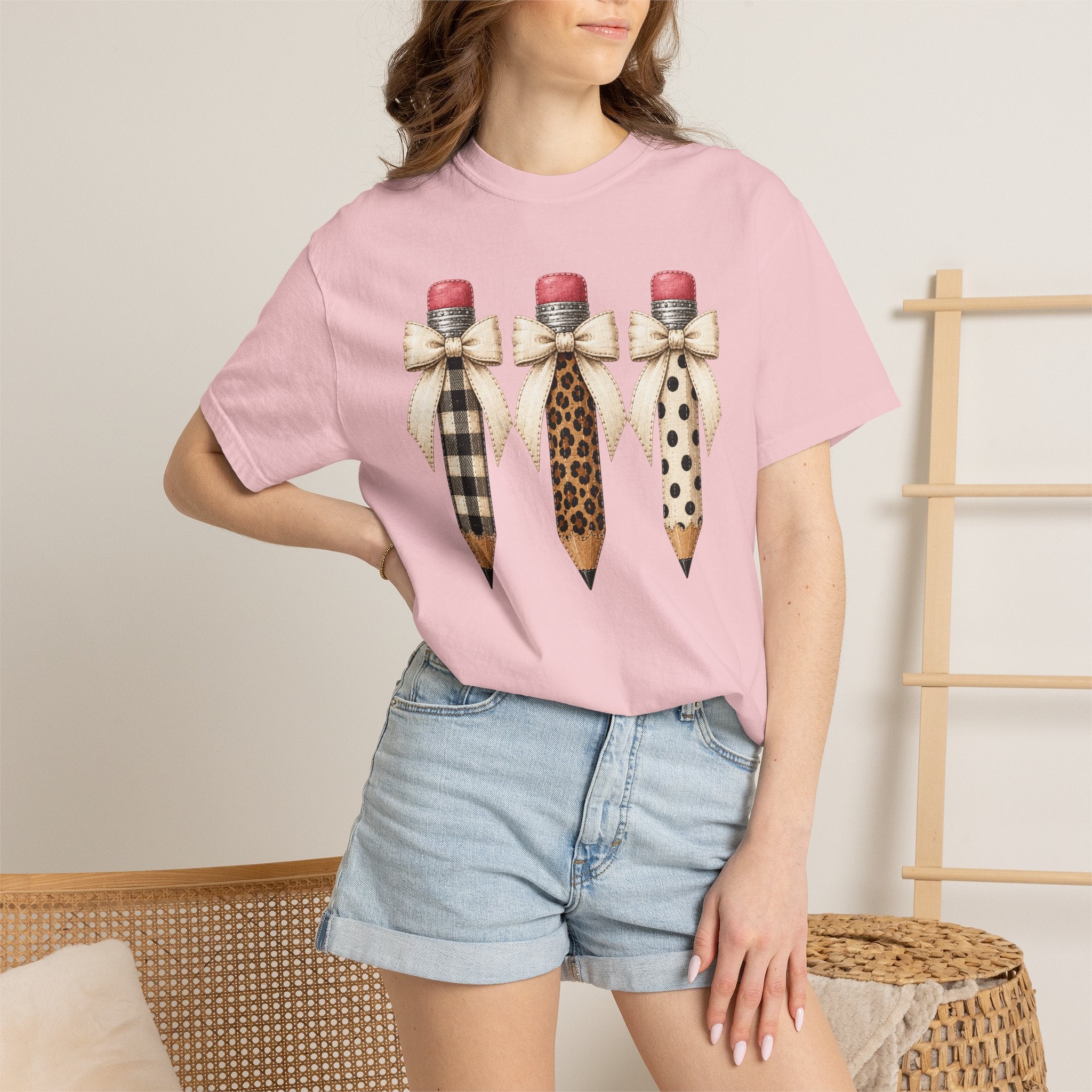 Patterned Pencil Trio T-Shirt — Plaid, Leopard & Polka Dot Back-to-School Tee