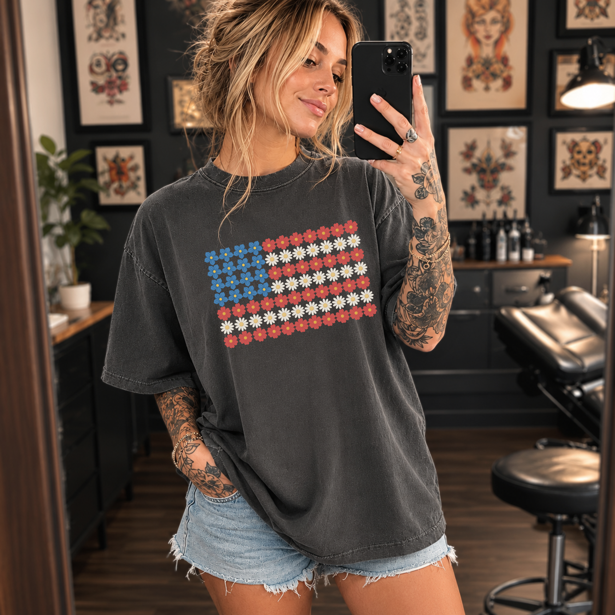 Retro Floral American Flag T-Shirt