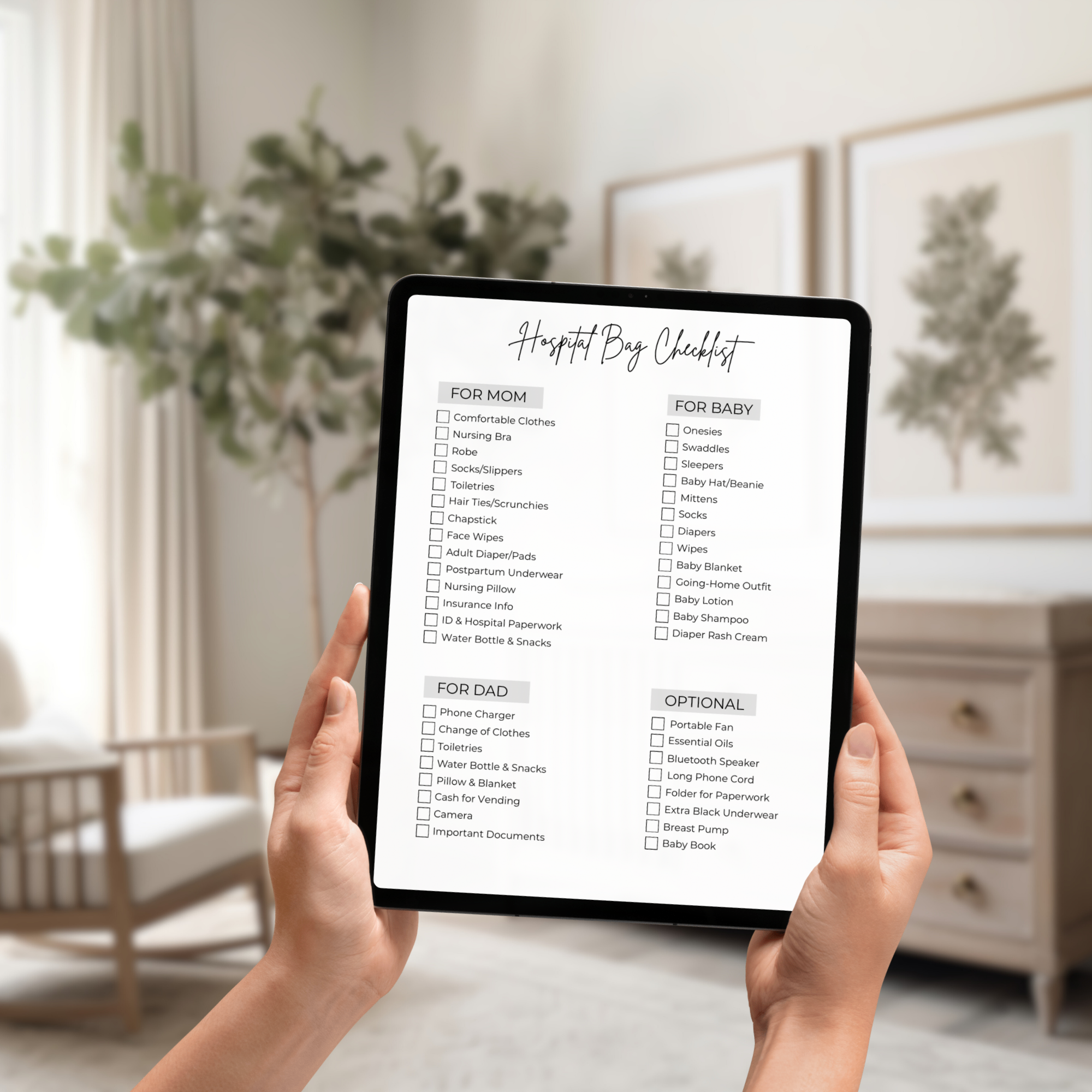 Hospital Bag Checklist Printable | What to Pack for Labor & Delivery | Mom Baby Dad Packing List | Editable Canva Template | Instant Download
