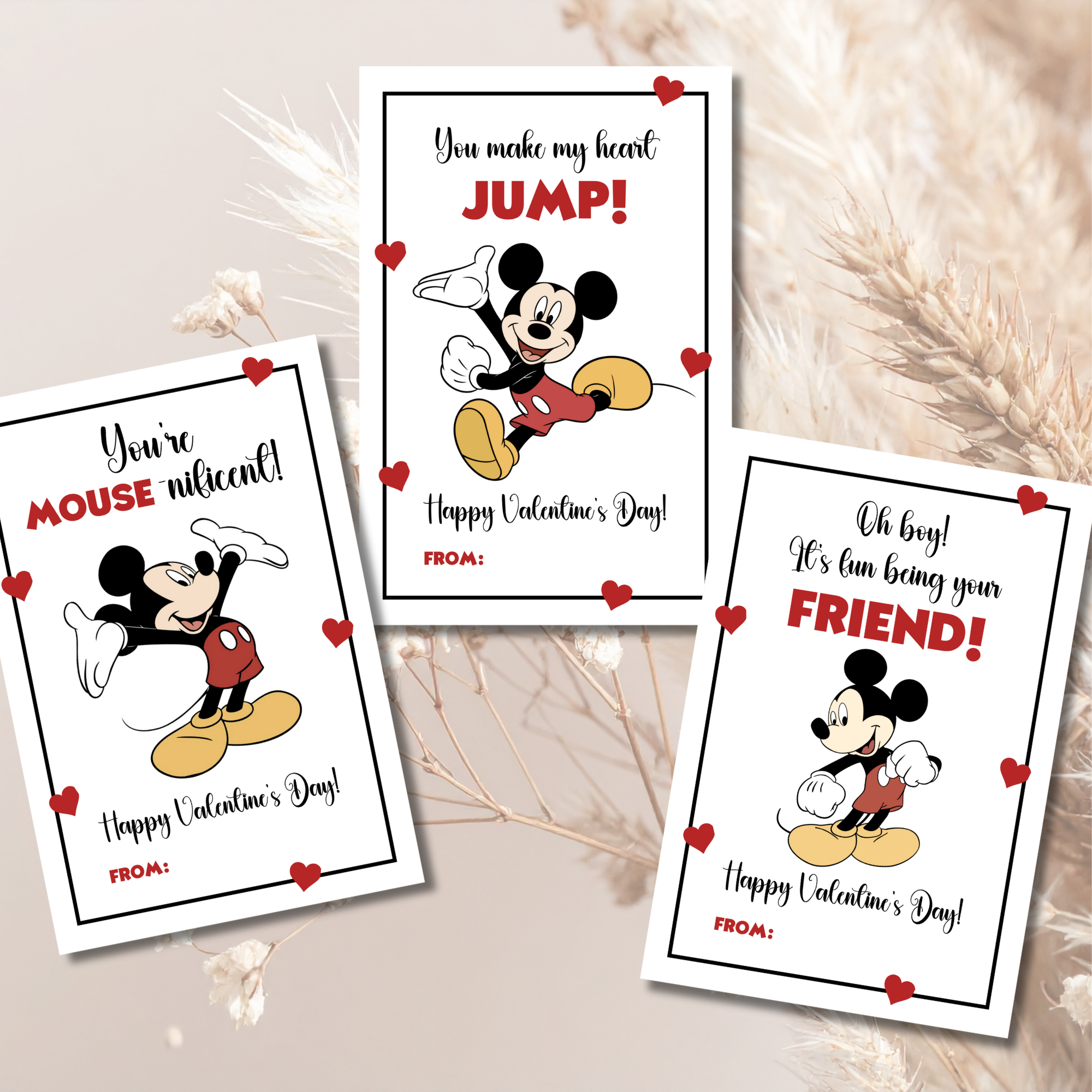 Kids Cartoon Mouse Valentine Cards Printable | Red Classic Cartoon Valentine Cards | Classroom Square Valentines | Instant Download