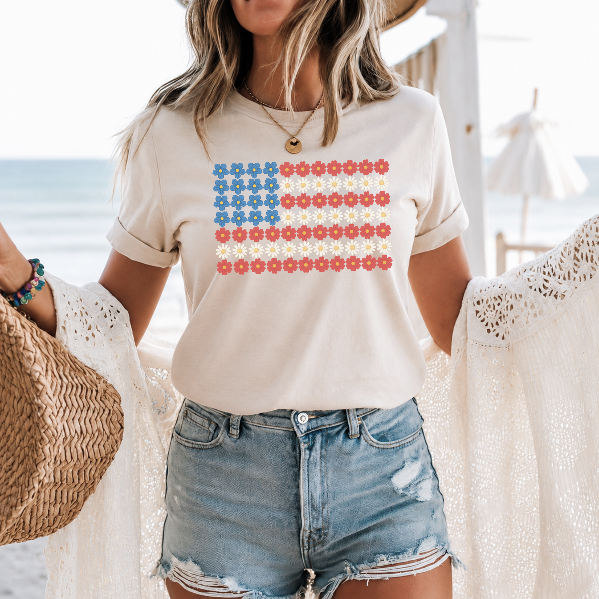 Retro Floral American Flag T-Shirt