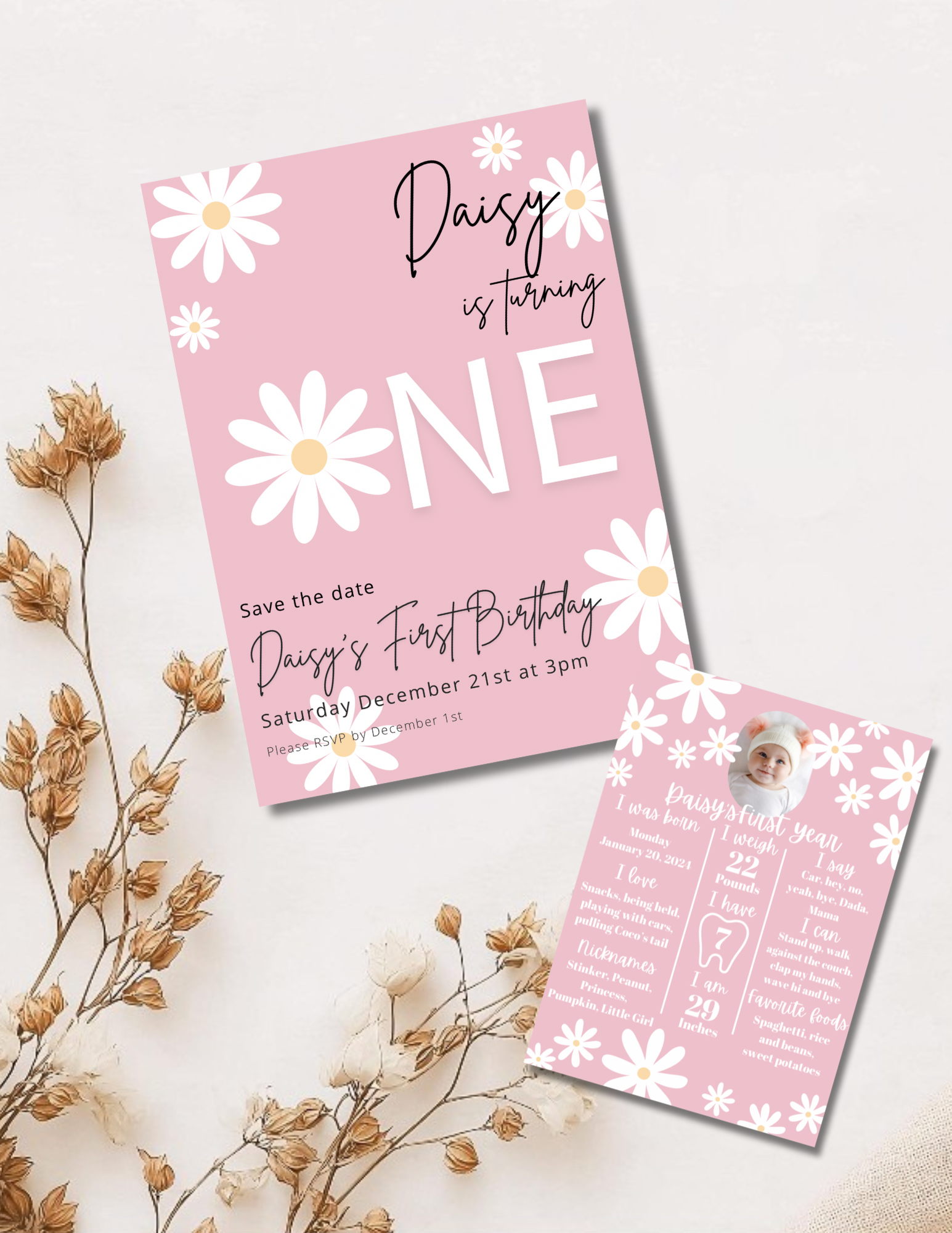 Daisy First Birthday Invitation Template Girl | Pink Daisy 1st Birthday Invite | Editable First Year Milestone Template | Girl Birthday Bundle