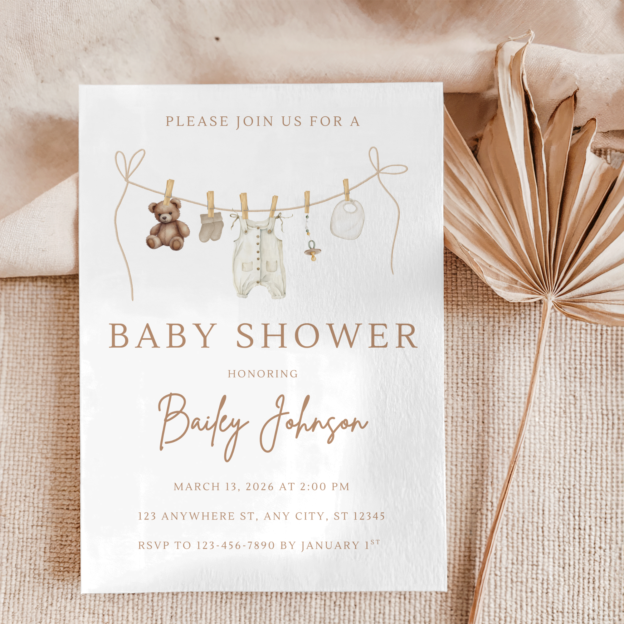 Neutral Clothesline Baby Shower Bundle Template | Editable Canva Baby Shower Decorations | Boho Neutral Baby Shower All In One Template Set