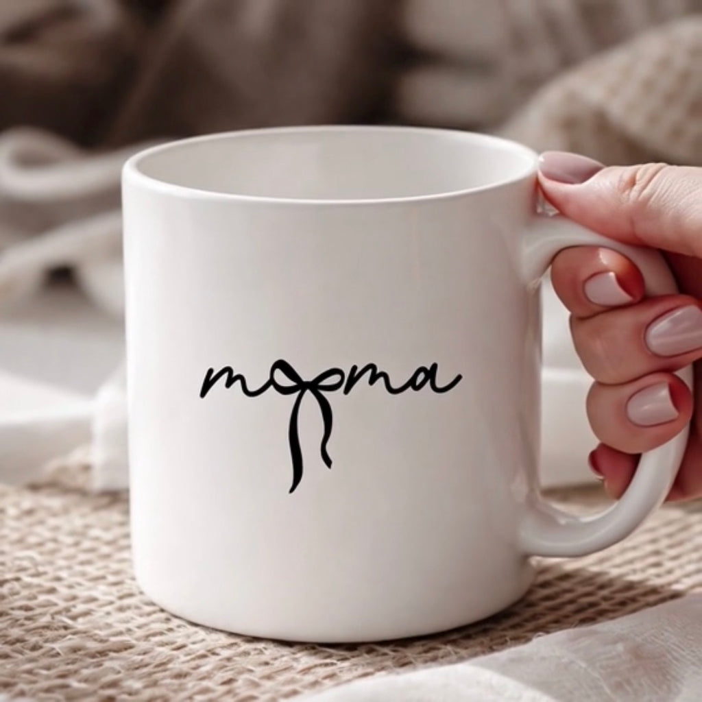 Mama Script Ceramic Mug — Minimalist 'mama' Design with Bow (11oz & 15oz)