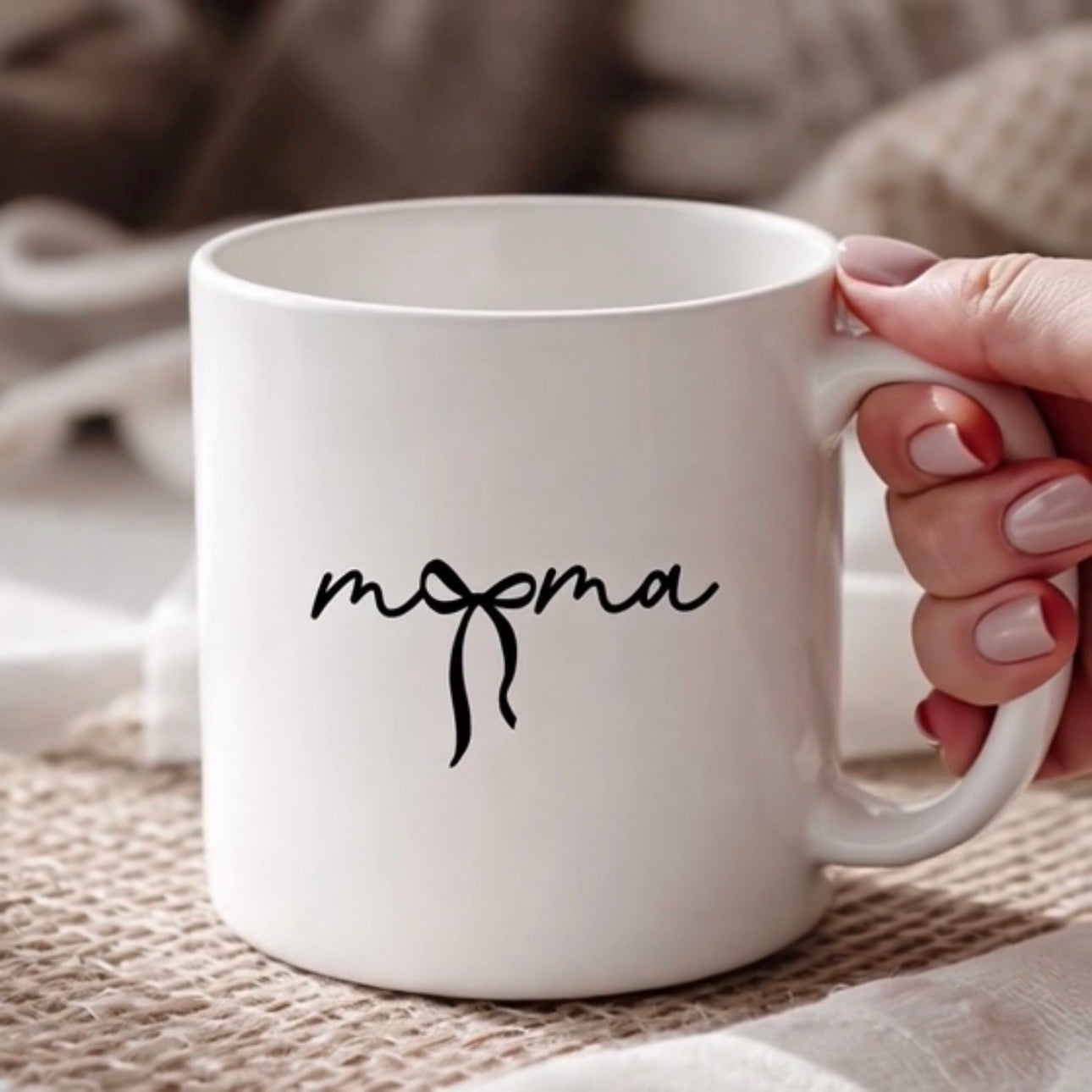 Mama Script Ceramic Mug — Minimalist 'mama' Design with Bow (11oz & 15oz)