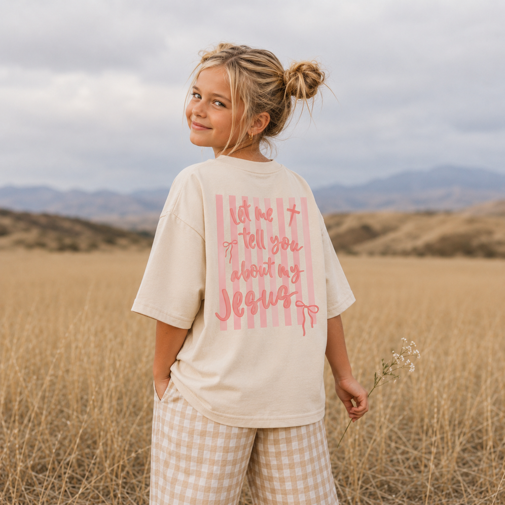Let Me Tell You About My Jesus Toddler Tee — Pink Script Christian Shirt