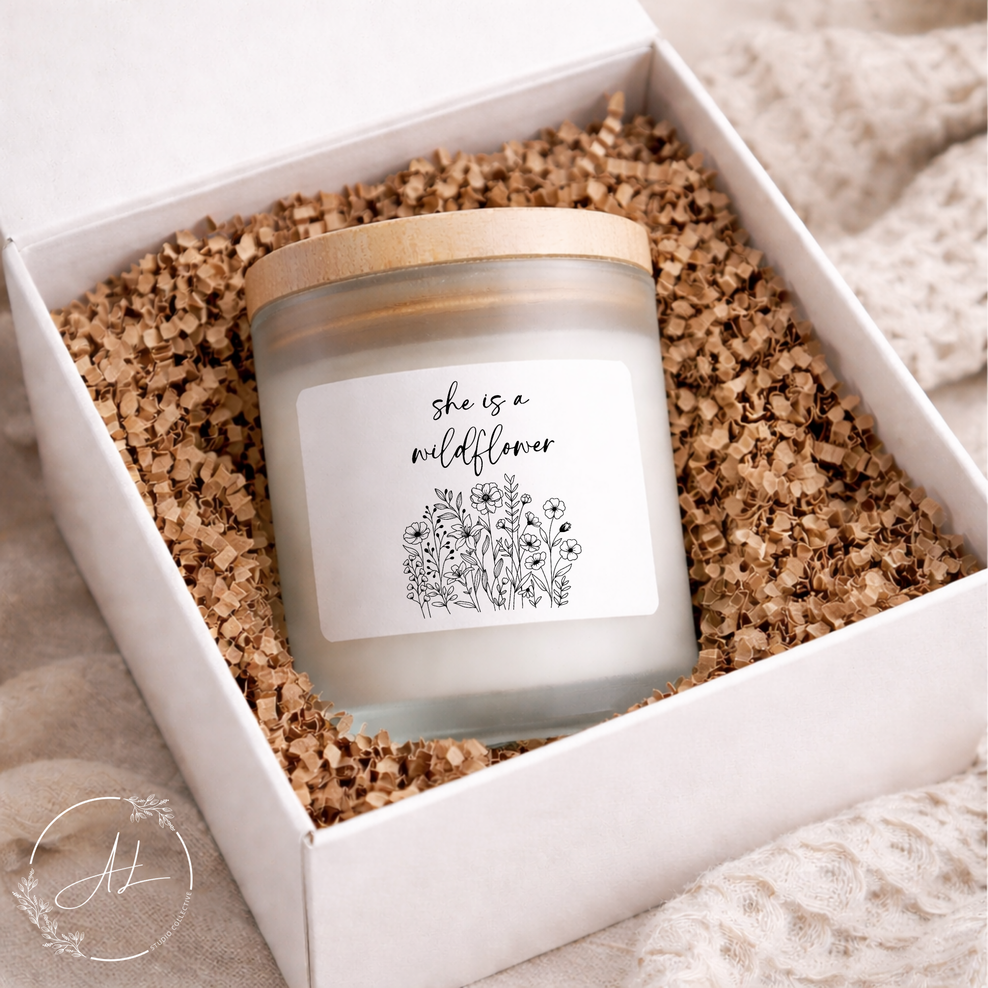 'She Is a Wildflower' Frosted Glass Candle — Wildflower Scent, 11 oz