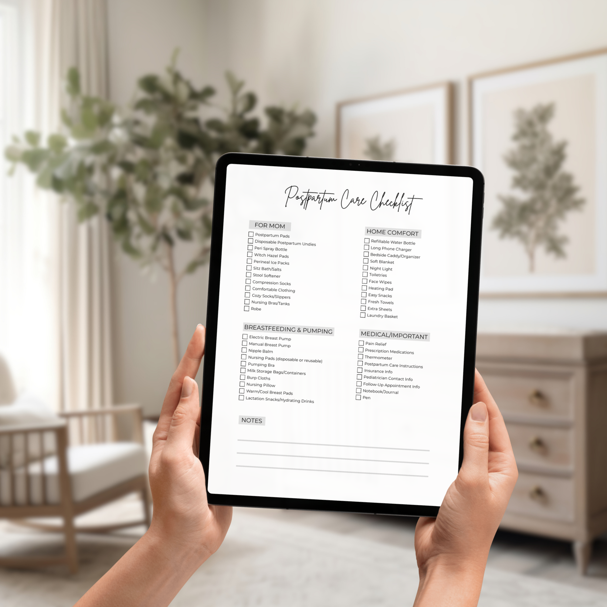 Postpartum Care Checklist Printable | Hospital Bag Checklist for Mom | New Mom Essentials List | Editable Canva Template | Instant Download