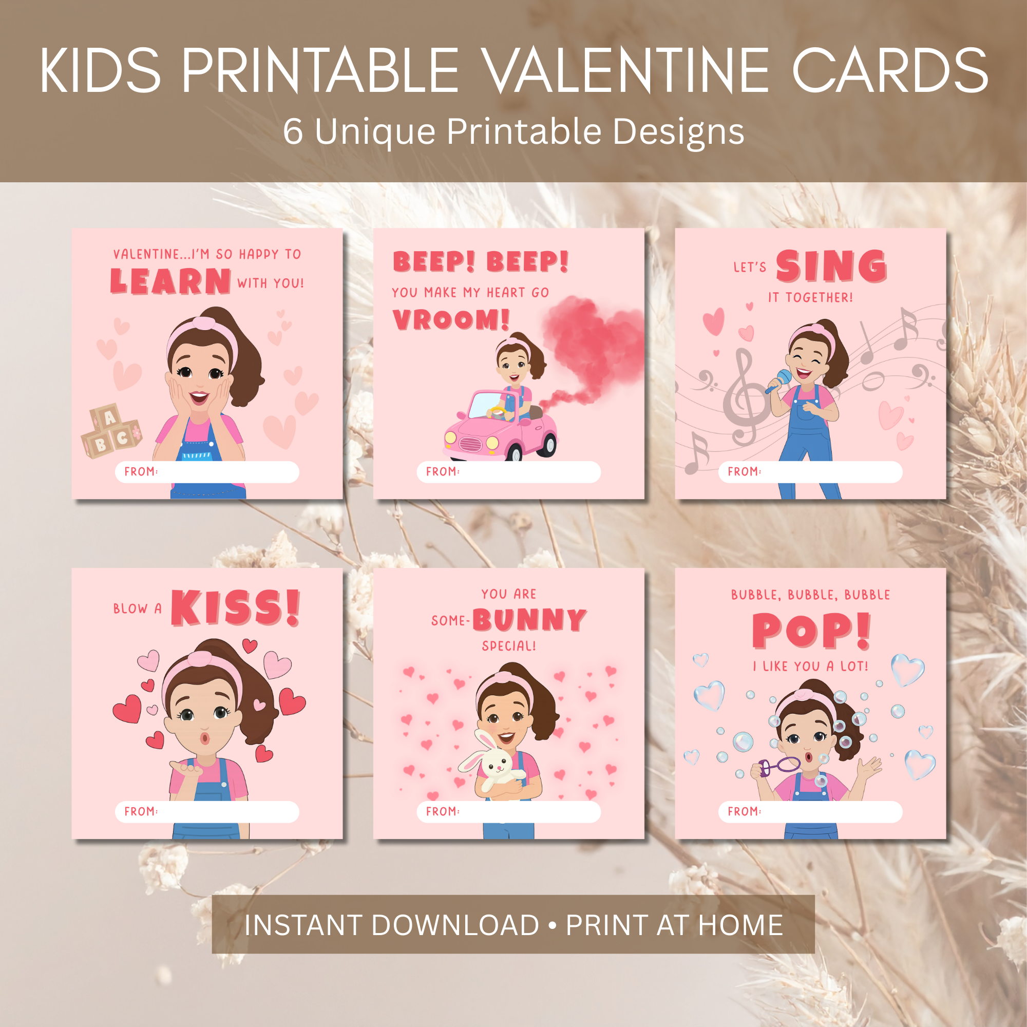 Kids Printable Valentine Cards | Singing Girl Classroom Valentines | Square Kids Valentines | Instant Download School Valentine Set