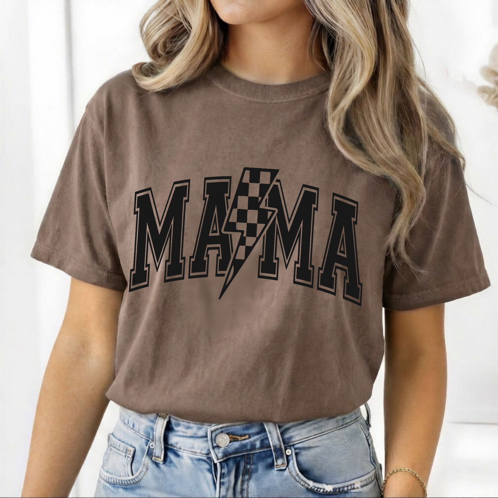 Mama Lightning Bolt Graphic Tee — Checkered Lightning Mama Shirt, Gift for Mom