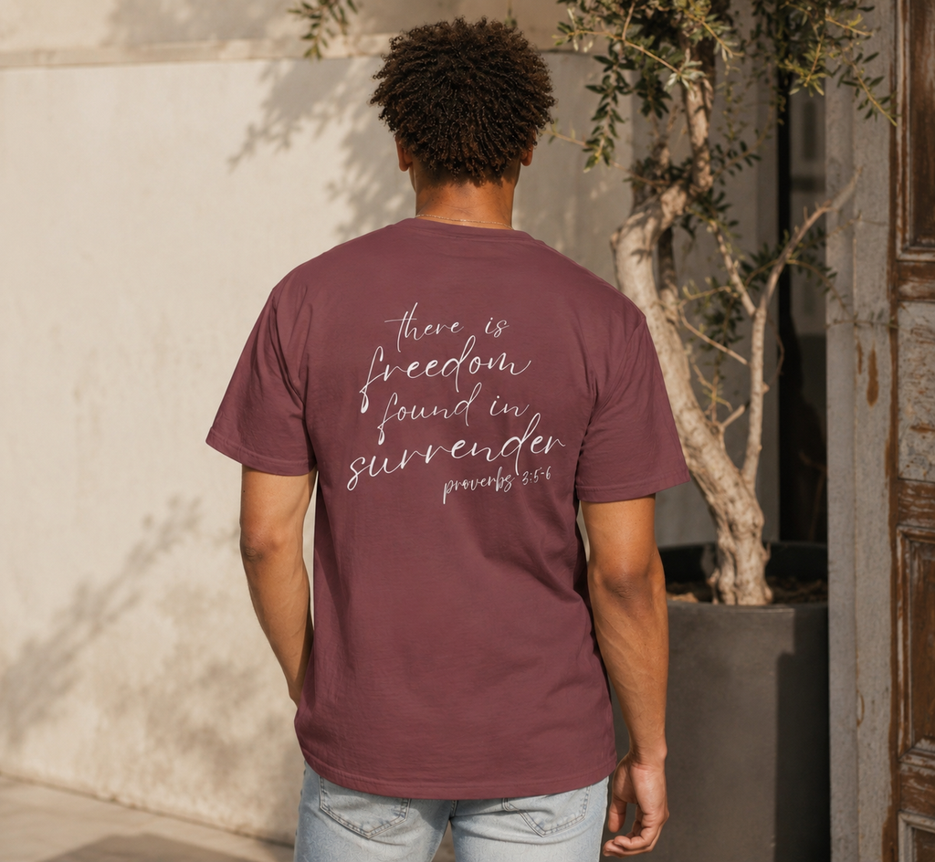Christian Cross T-Shirt — "There is Freedom Found in Surrender" Scripture Tee