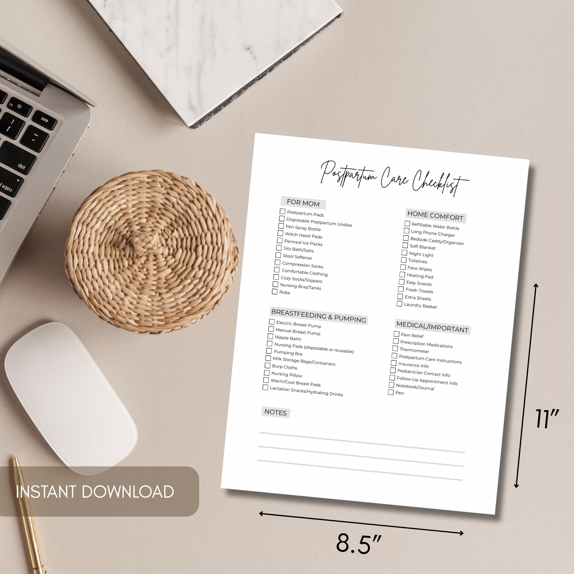 Postpartum Care Checklist Printable | Hospital Bag Checklist for Mom | New Mom Essentials List | Editable Canva Template | Instant Download