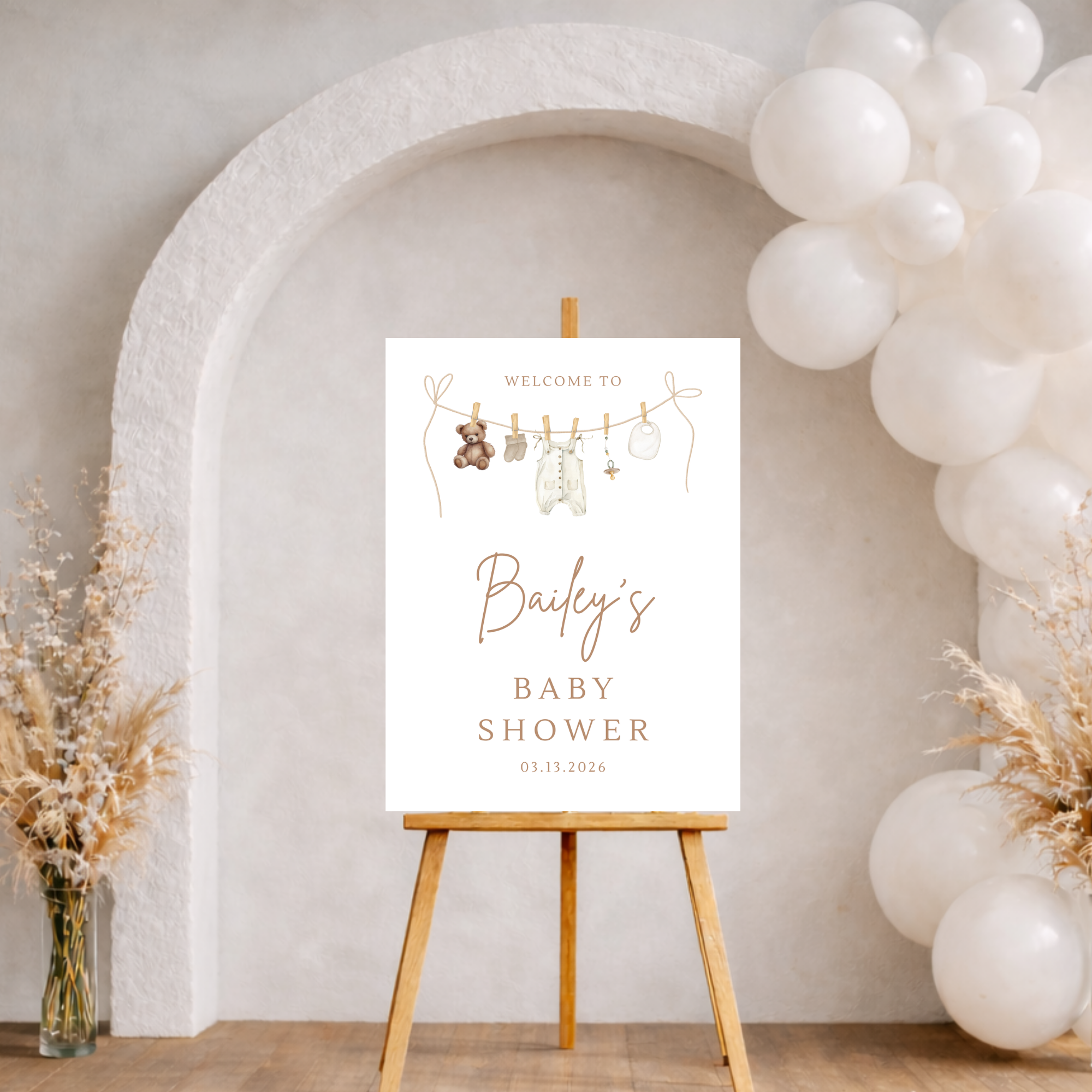 Neutral Clothesline Baby Shower Bundle Template | Editable Canva Baby Shower Decorations | Boho Neutral Baby Shower All In One Template Set