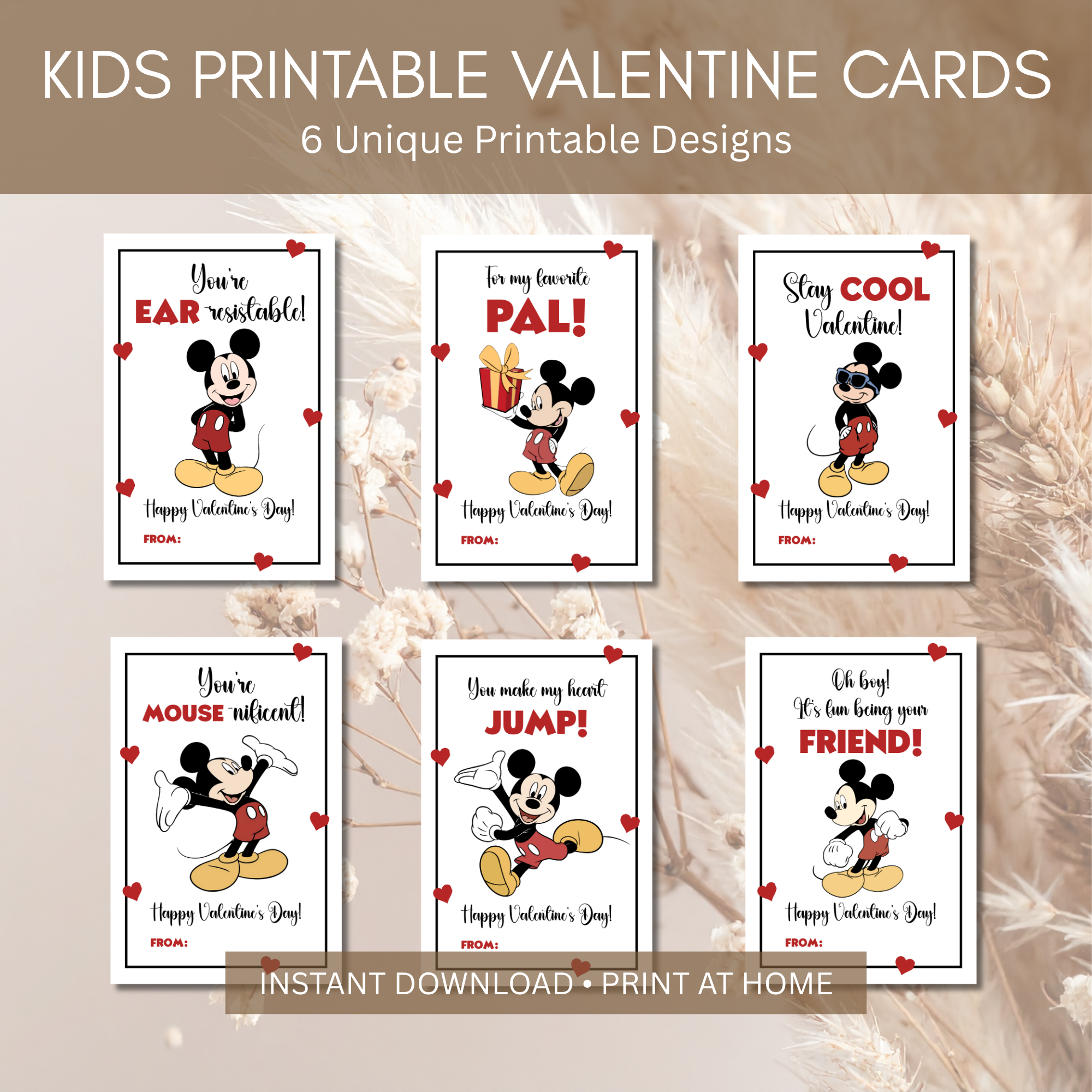 Kids Cartoon Mouse Valentine Cards Printable | Red Classic Cartoon Valentine Cards | Classroom Square Valentines | Instant Download