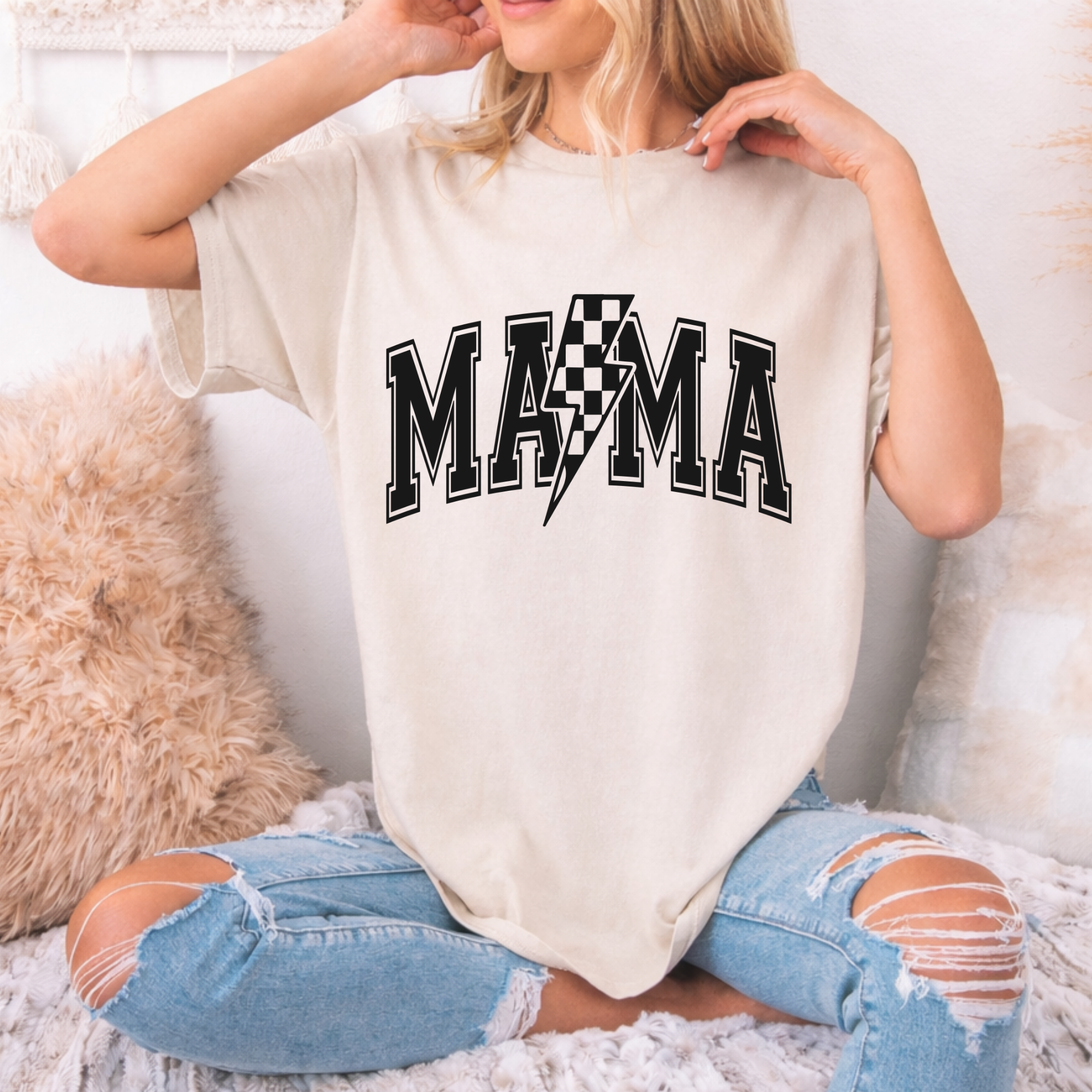Mama Lightning Bolt Graphic Tee — Checkered Lightning Mama Shirt, Gift for Mom