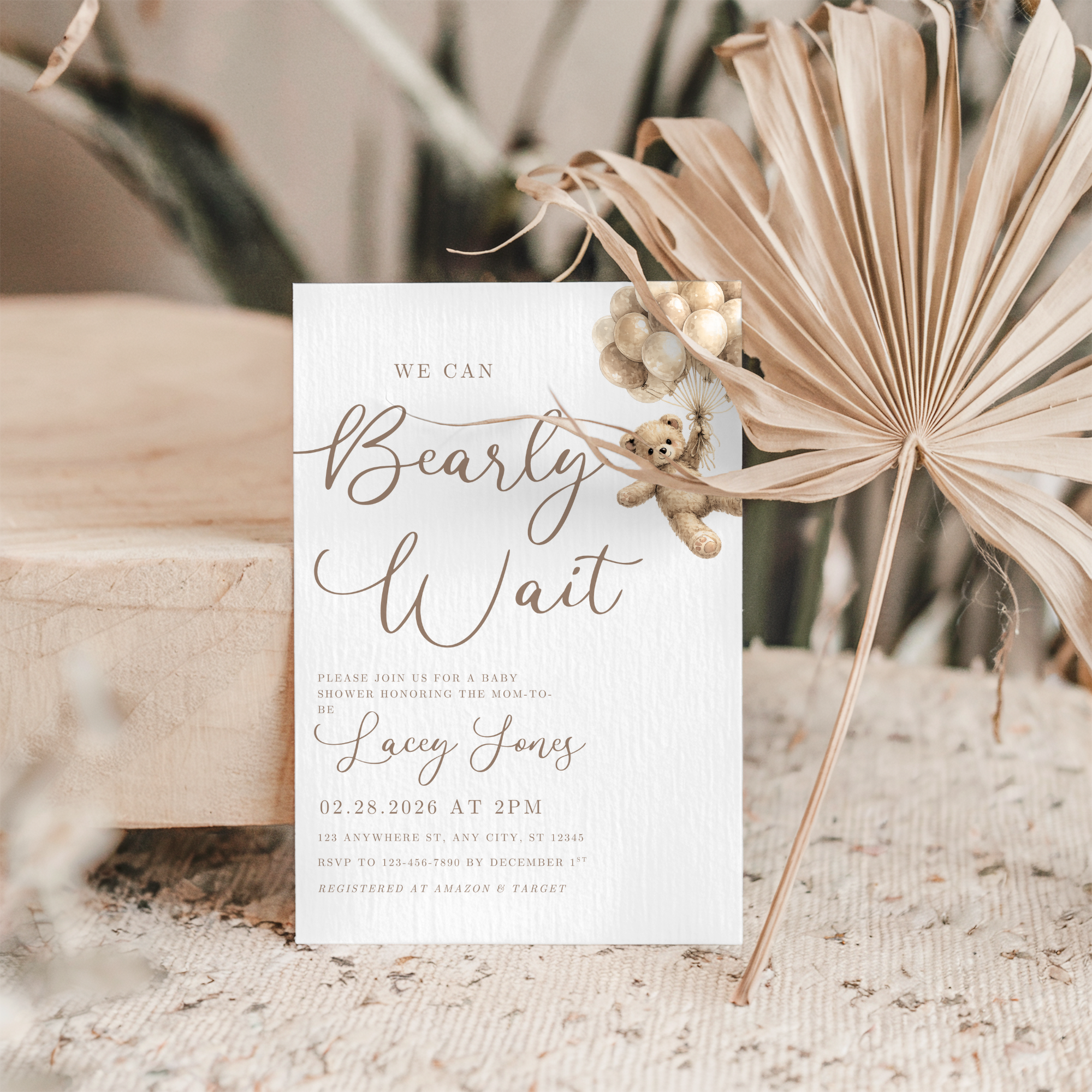 We Can Bearly Wait Baby Shower Invitation Template | Neutral Teddy Bear Baby Shower Invite | Editable Canva Template | Instant Download