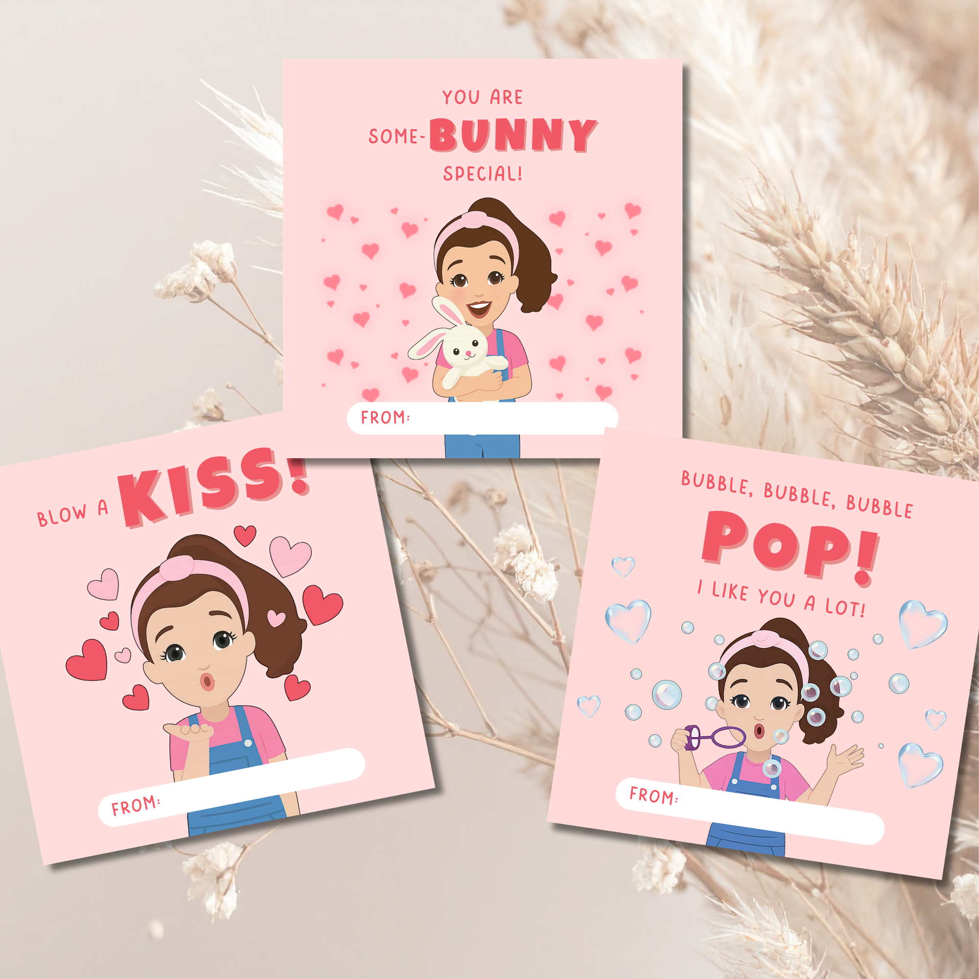 Kids Printable Valentine Cards | Singing Girl Classroom Valentines | Square Kids Valentines | Instant Download School Valentine Set